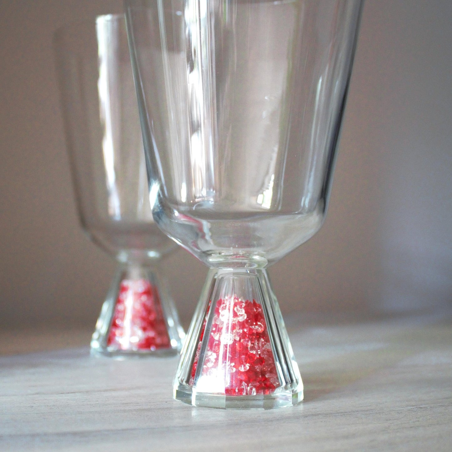 Vintage Oleg Cassini Cocktail Glasses - Crystal Stem with Red Crystals, Signed Set of 2