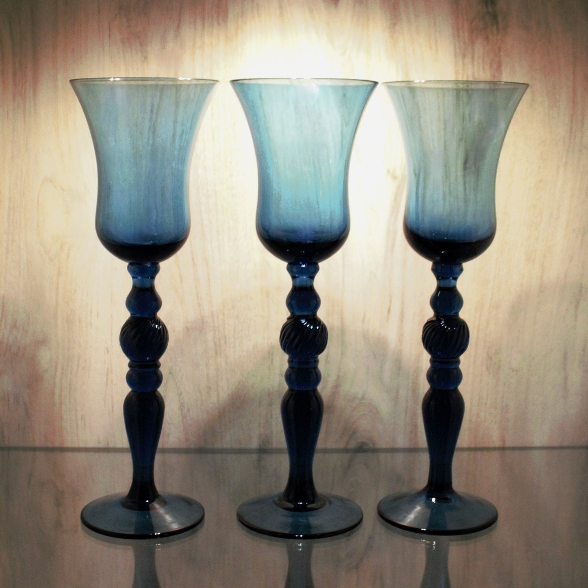 Handblown Navy Blue Cocktail Glasses - Set of 3 Vintage Tall Stemware