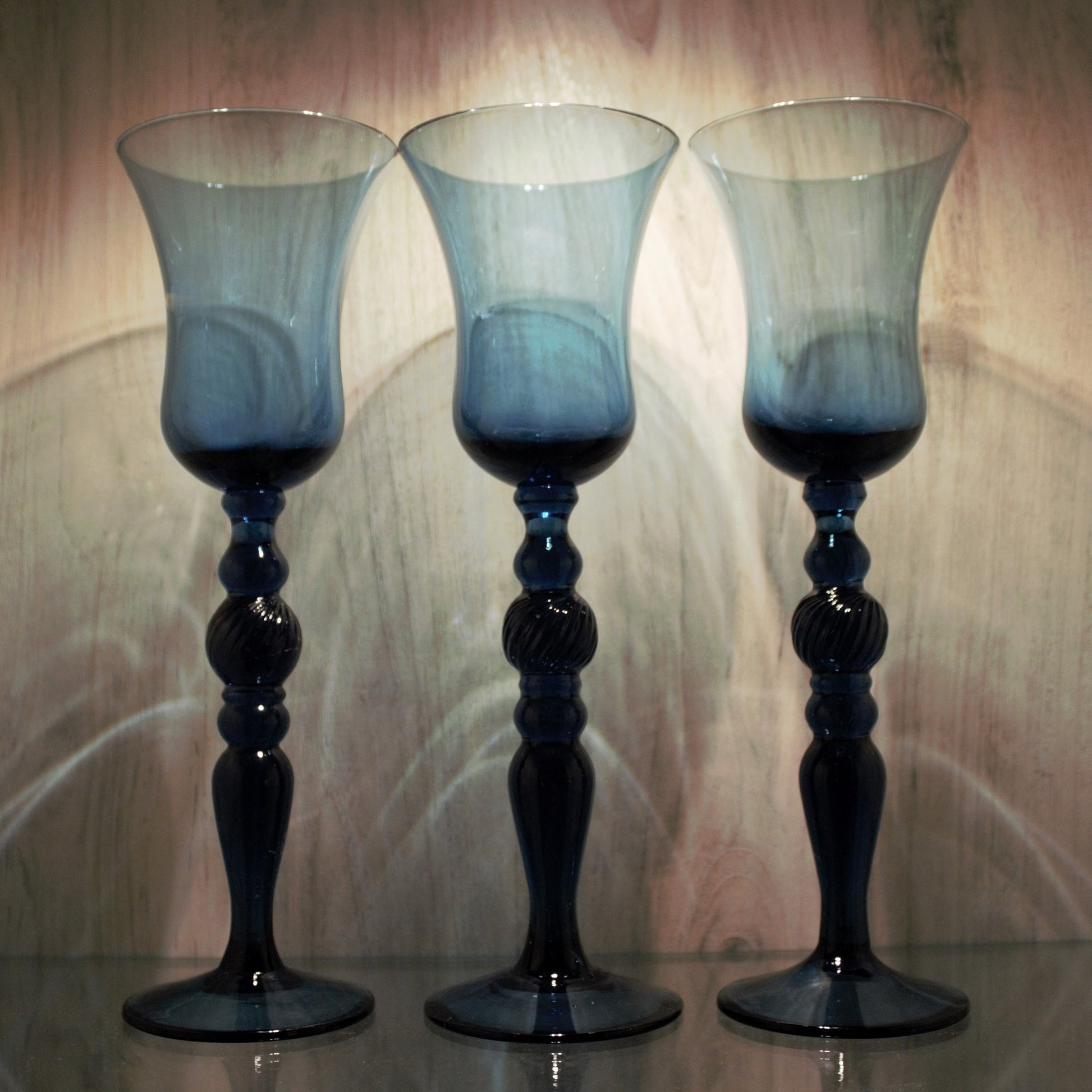 Handblown Navy Blue Cocktail Glasses - Set of 3 Vintage Tall Stemware