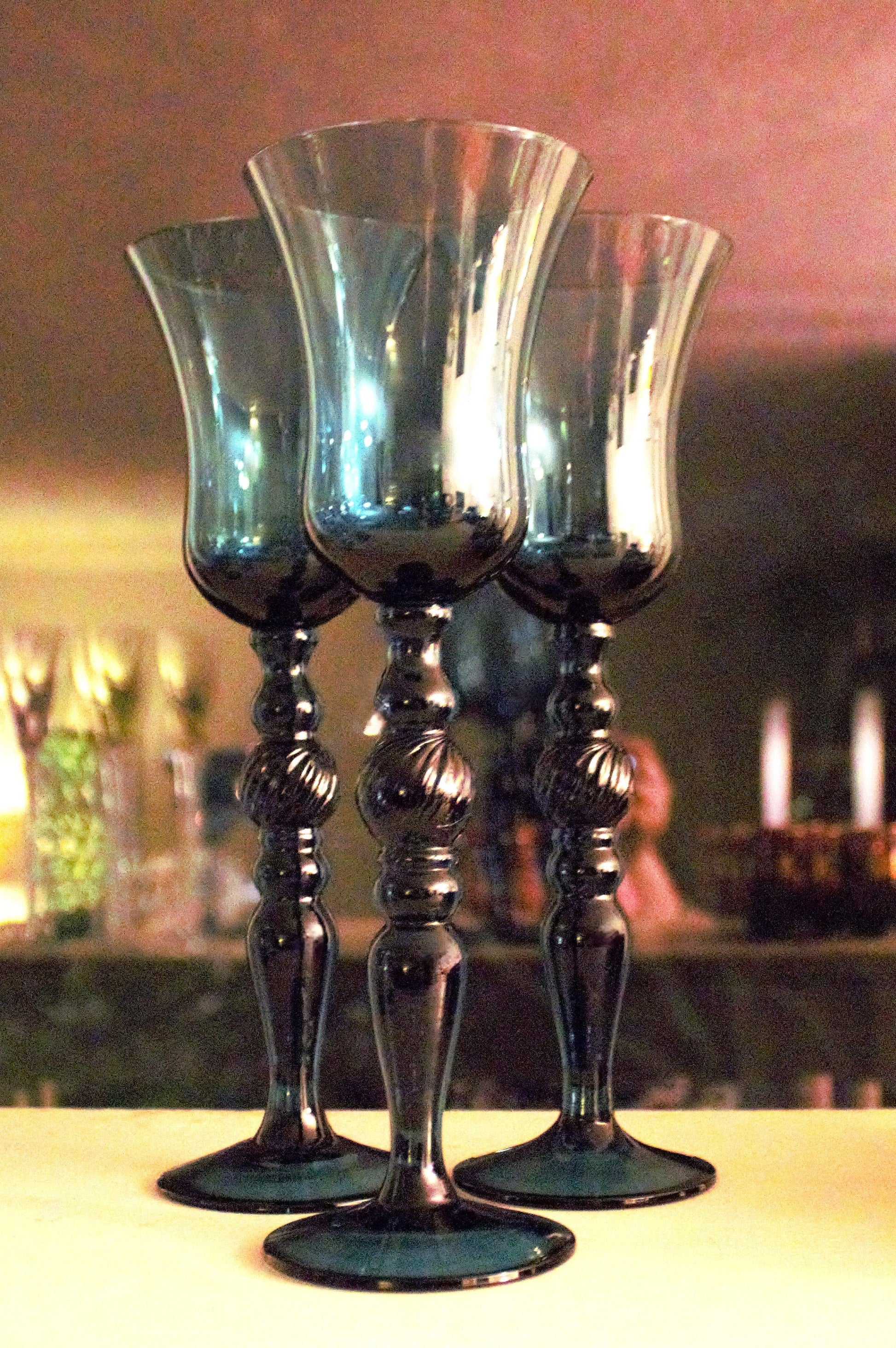 Handblown Navy Blue Cocktail Glasses - Set of 3 Vintage Tall Stemware