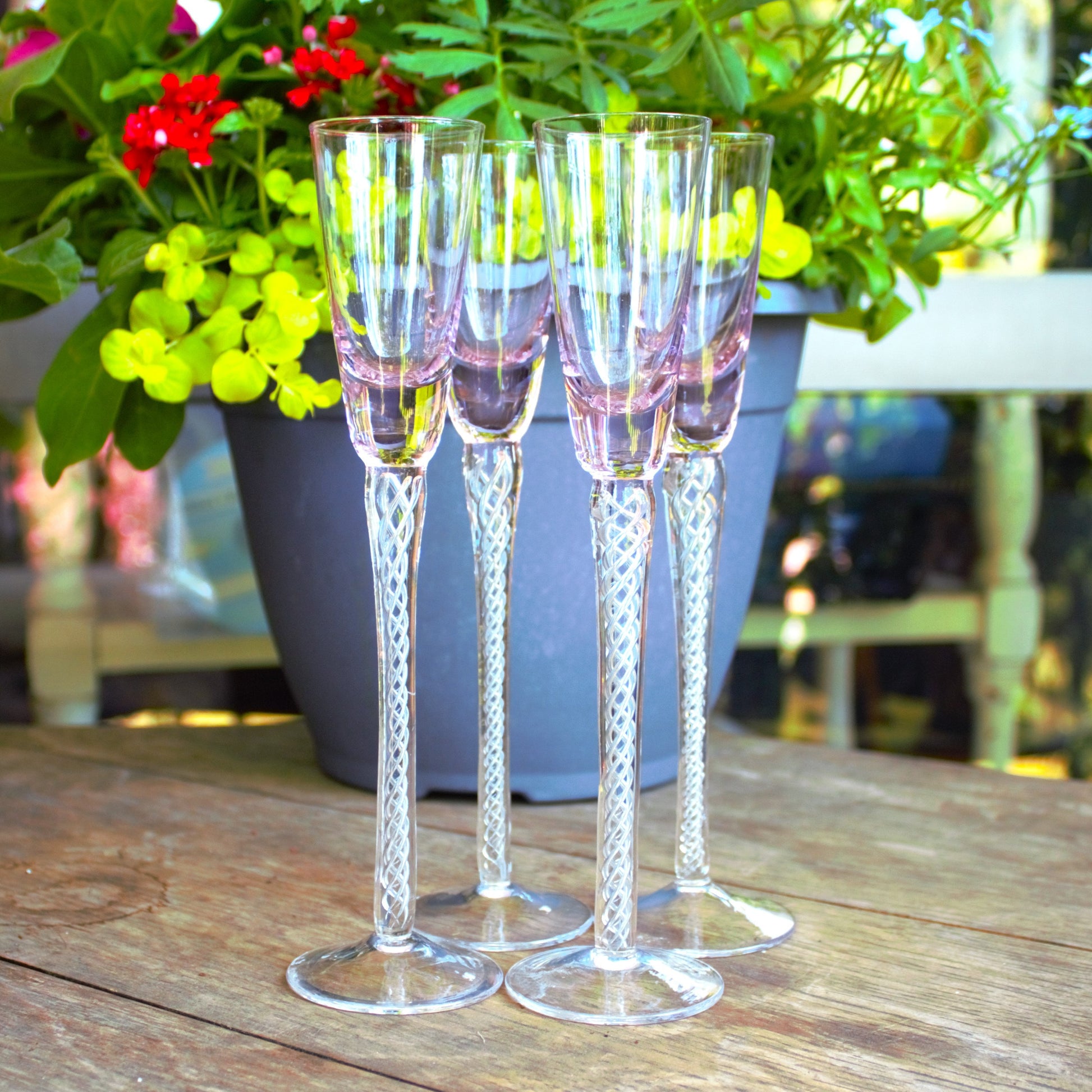 Vintage Trelleborg Pink Shot Glasses: Swedish Air Twist Stem Glassware, Set of 4