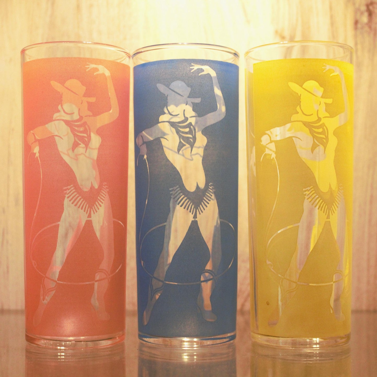 Vintage Frosted Cowgirl Glasses: Rodeo Western Tumblers, Set of 3