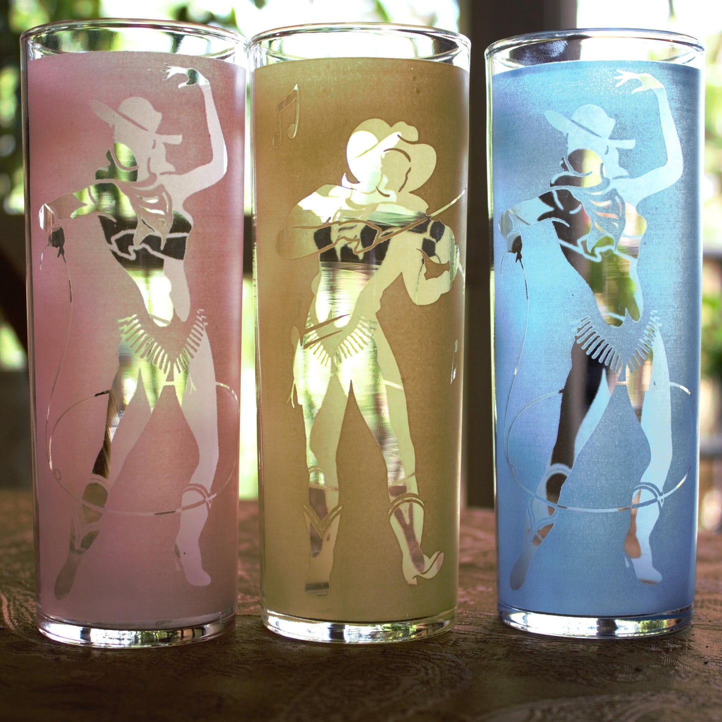 Vintage Frosted Cowgirl Glasses: Rodeo Western Tumblers, Set of 3
