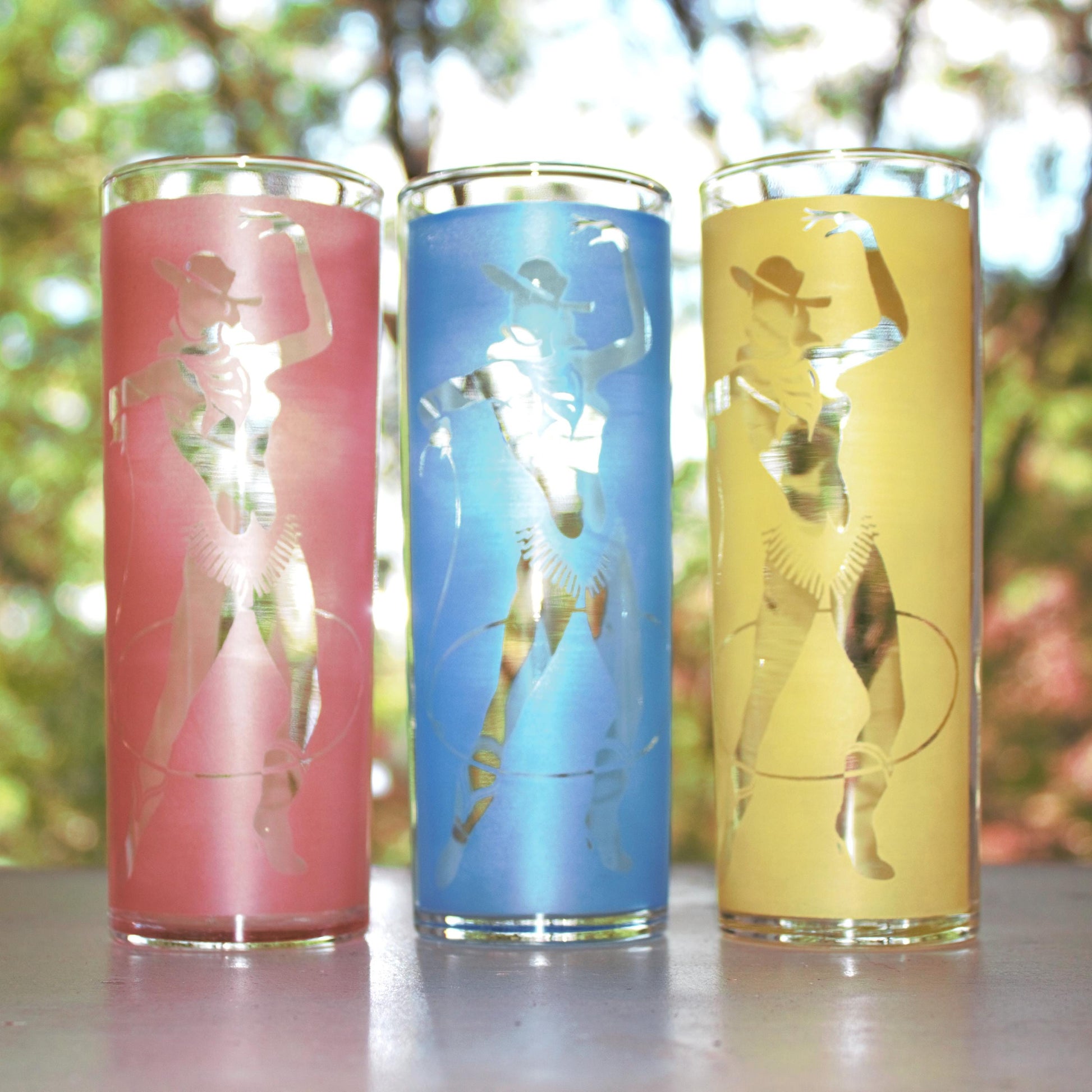 Vintage Frosted Cowgirl Glasses: Rodeo Western Tumblers, Set of 3