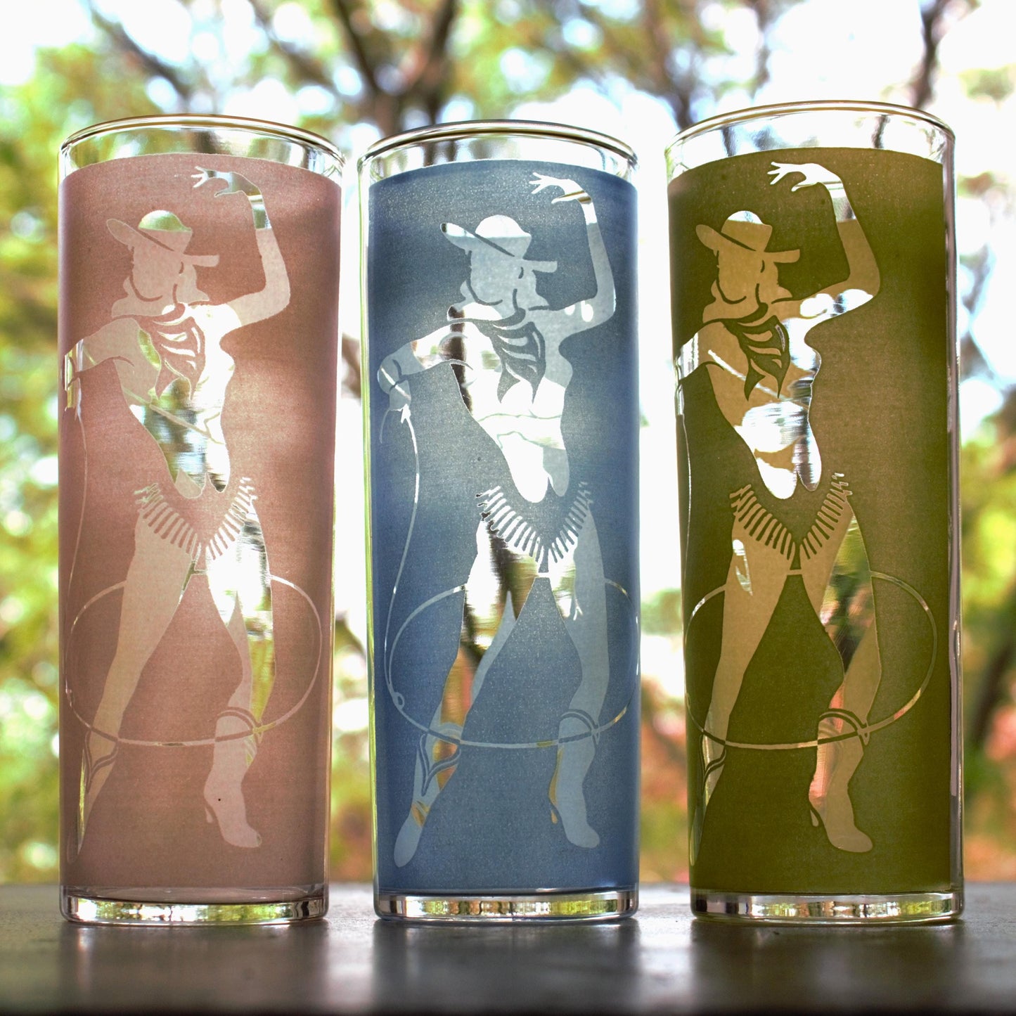 Vintage Frosted Cowgirl Glasses: Rodeo Western Tumblers, Set of 3