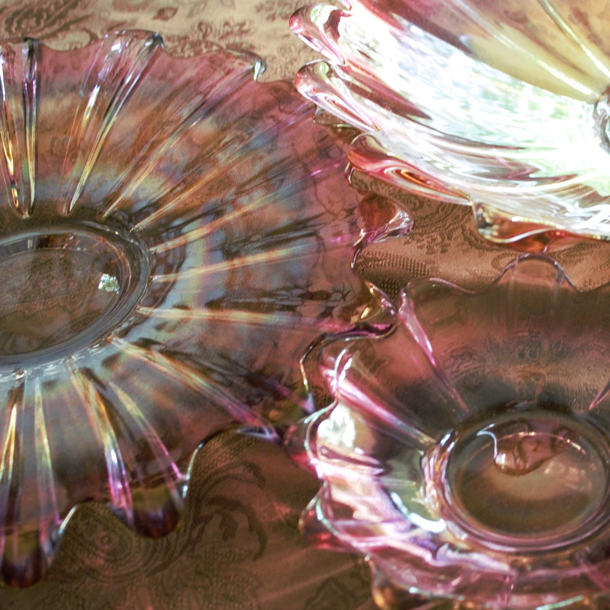 Vintage Federal Glass Bowl Set of 4: Iridescent Celestial Marigold Pattern, Marigold plate