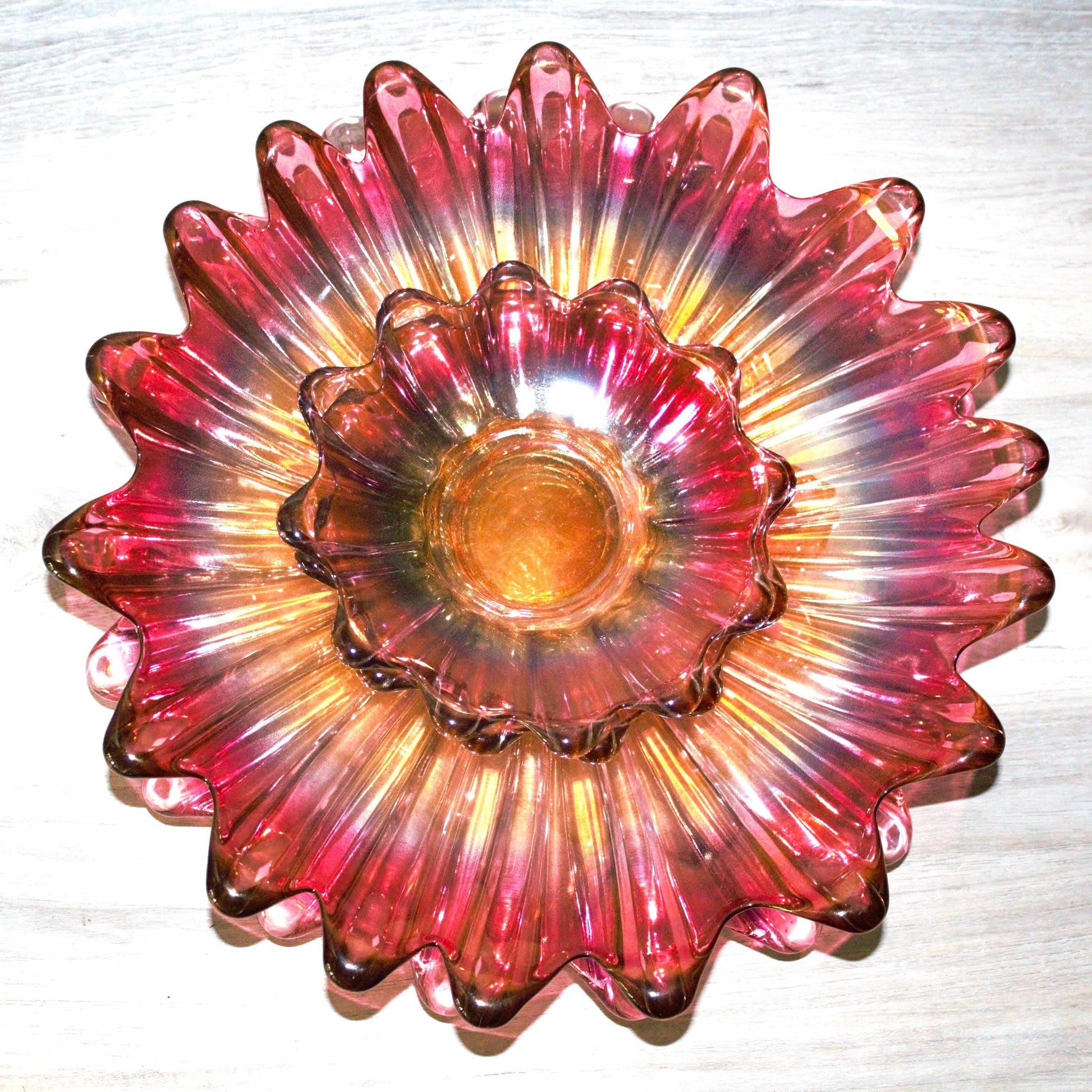 Vintage Federal Glass Bowl Set of 4: Iridescent Celestial Marigold Pattern, Marigold plate