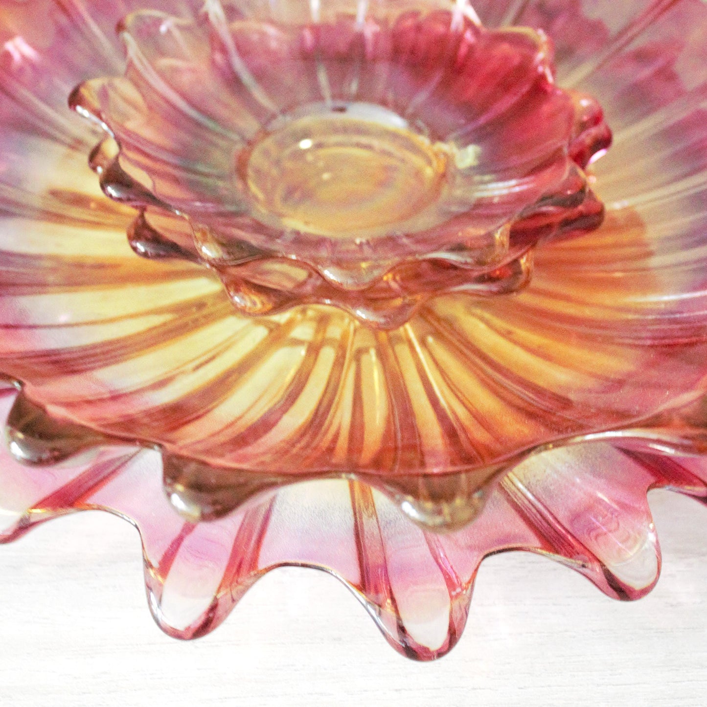 Vintage Federal Glass Bowl Set of 4: Iridescent Celestial Marigold Pattern, Marigold plate