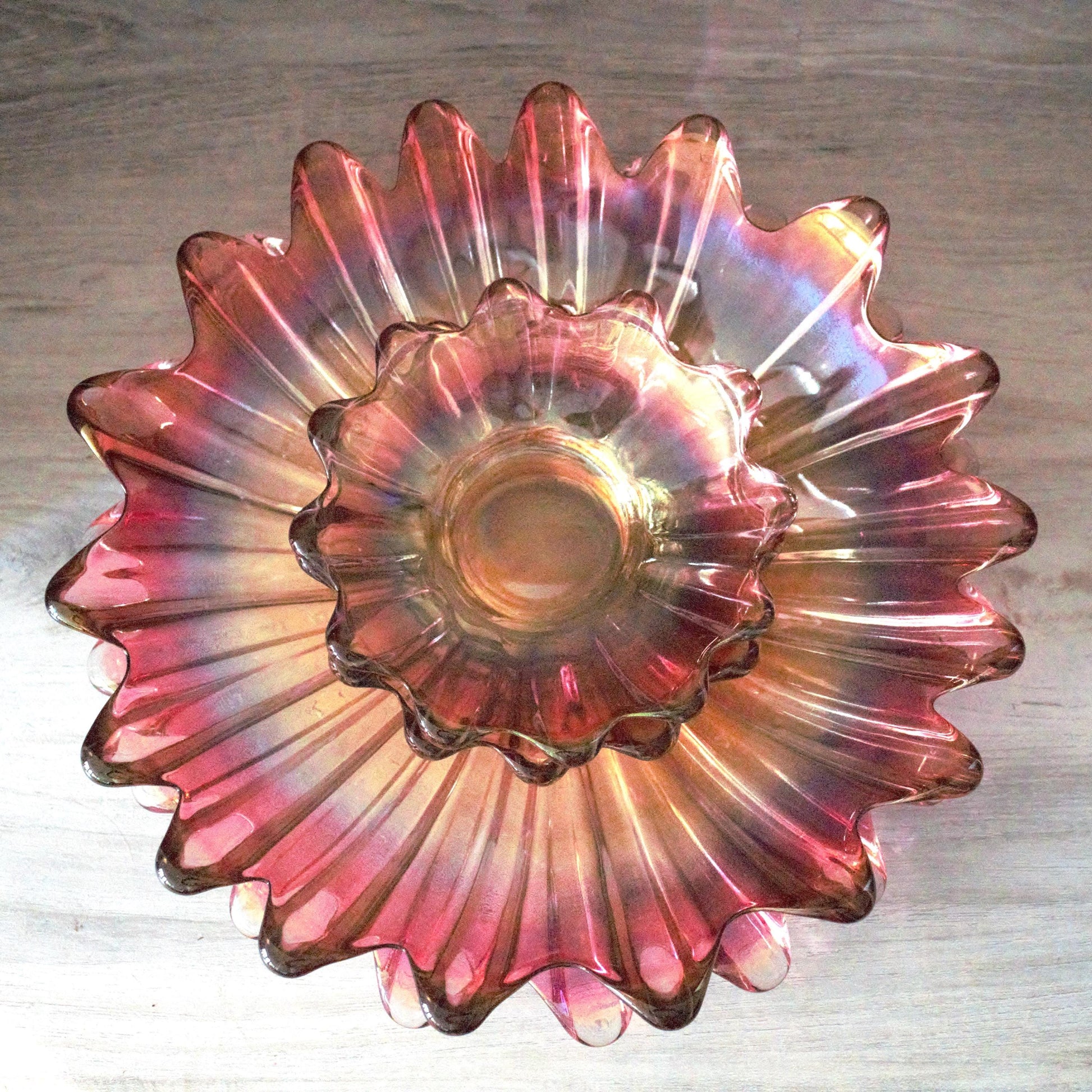 Vintage Federal Glass Bowl Set of 4: Iridescent Celestial Marigold Pattern, Marigold plate