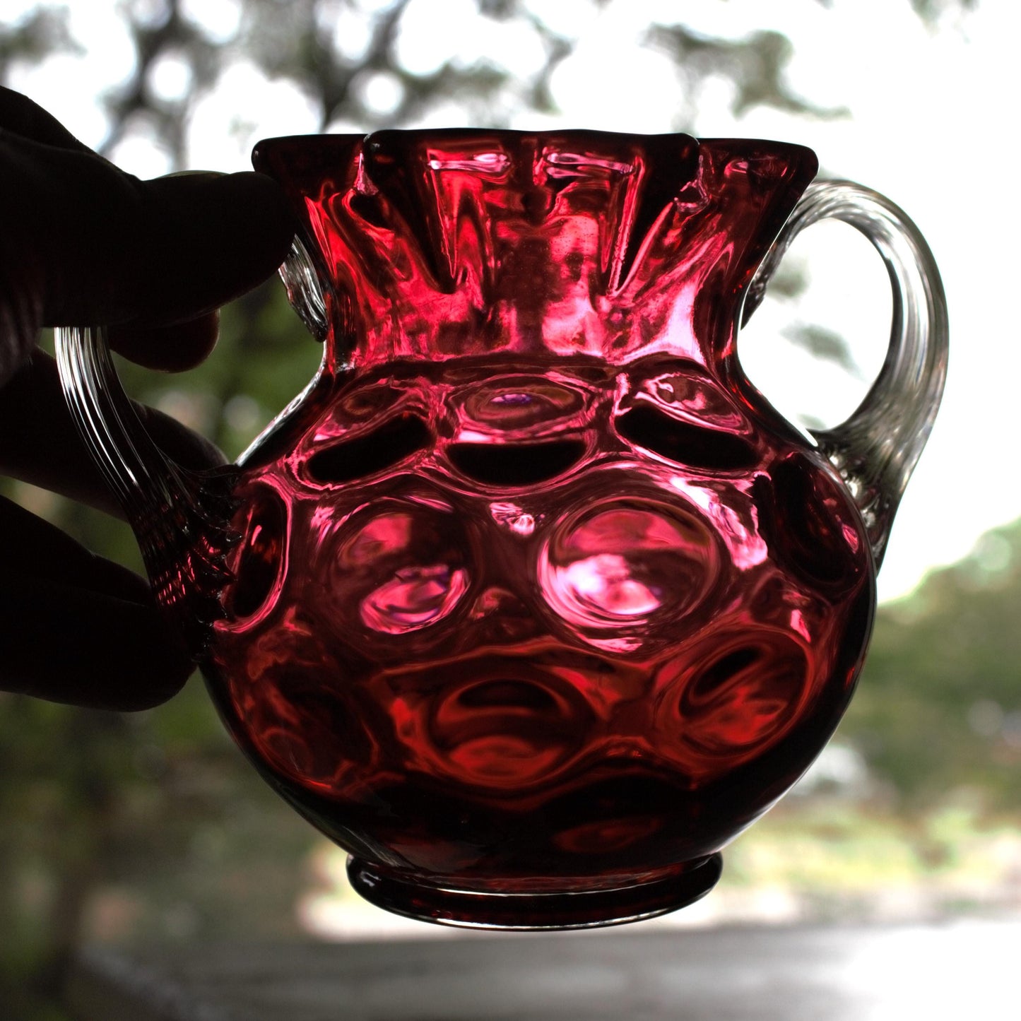 Antique Cranberry Glass Vase: Hobbs Brockunier Inverted Dot, 1880s Victorian