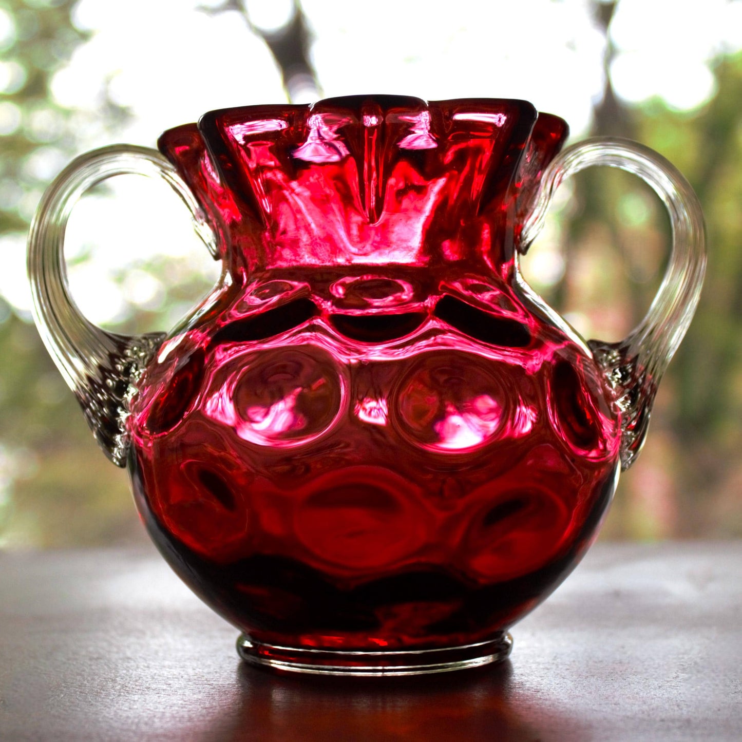 Antique Cranberry Glass Vase: Hobbs Brockunier Inverted Dot, 1880s Victorian