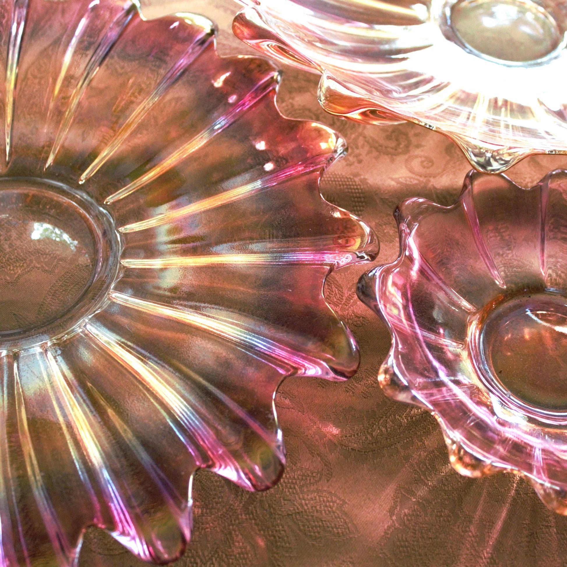 Vintage Federal Glass Bowl Set of 4: Iridescent Celestial Marigold Pattern, Marigold plate