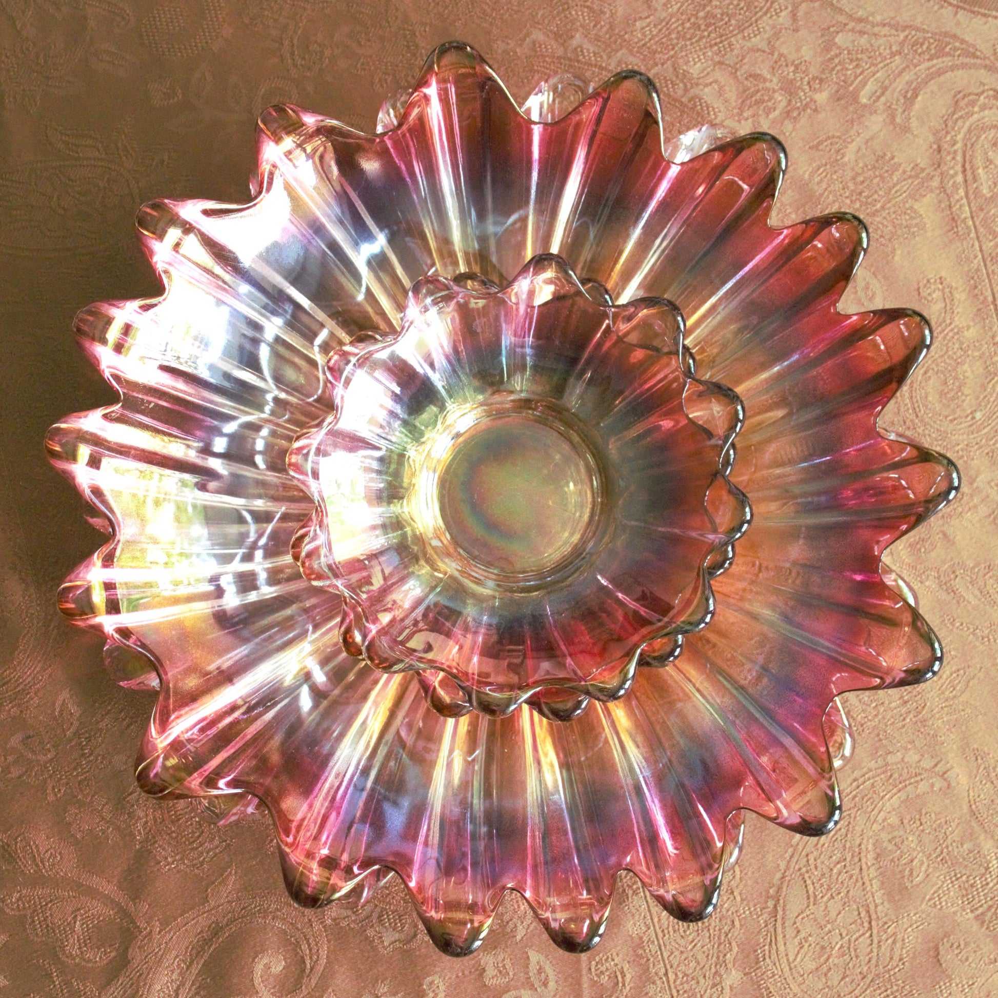 Vintage Federal Glass Bowl Set of 4: Iridescent Celestial Marigold Pattern, Marigold plate