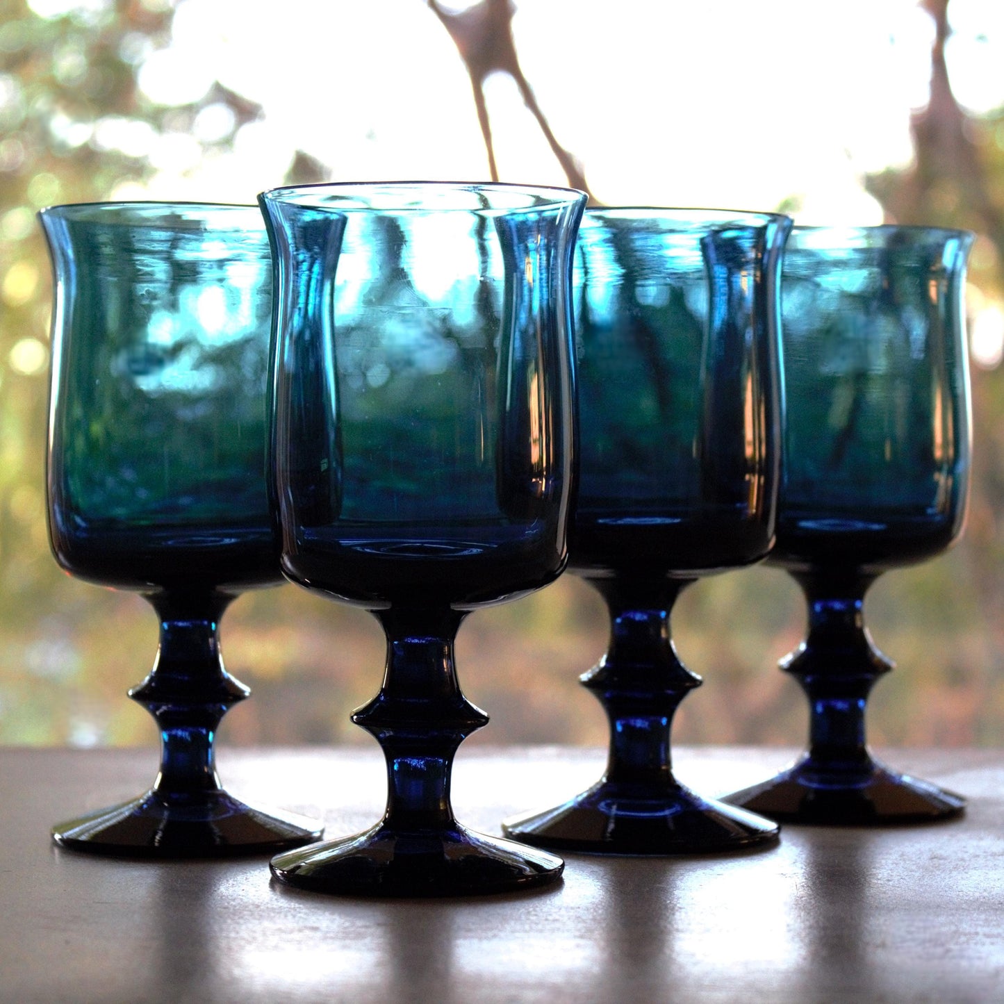 Vintage Teal Blue Wine Glasses: Hand Blown Glassware, Set of 4