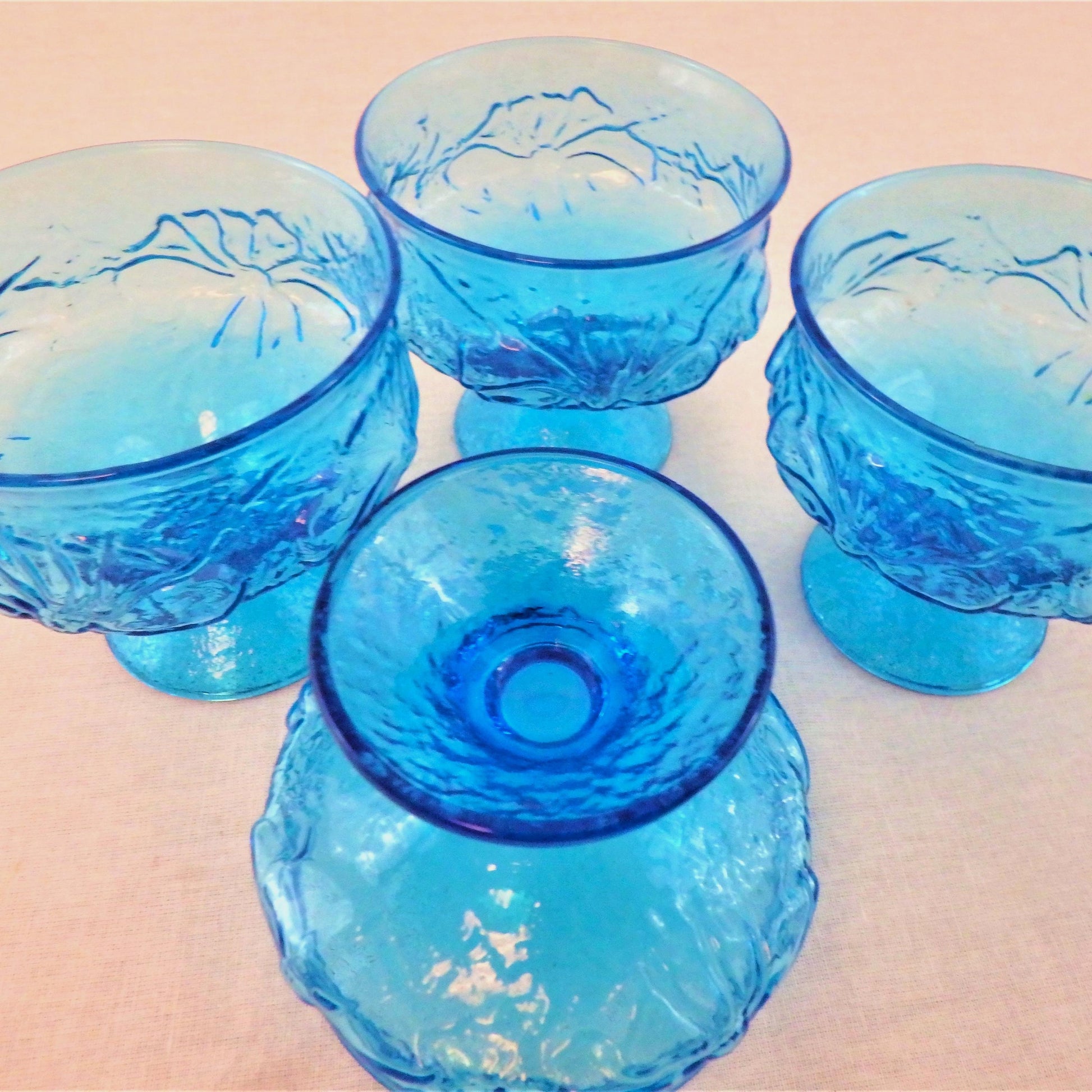 Vintage Peacock Blue Footed Dessert Bowls - Set of 4