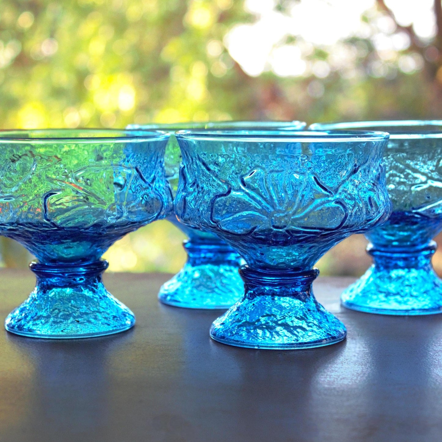 Vintage Peacock Blue Footed Dessert Bowls - Set of 4