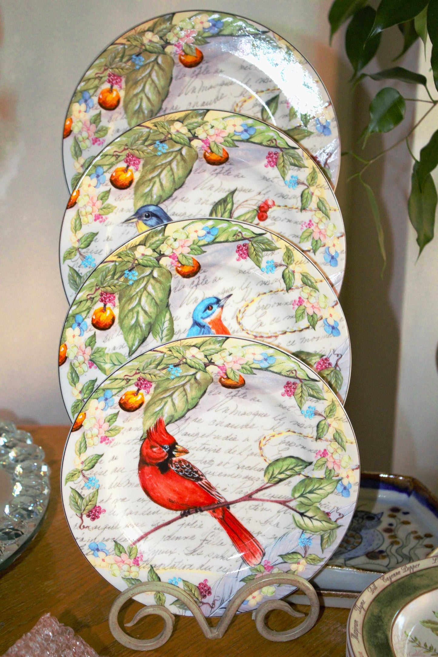 Colorful Bird Plates - American Atelier Morning Song - Set of 4 Porcelain Dessert Salad Plates