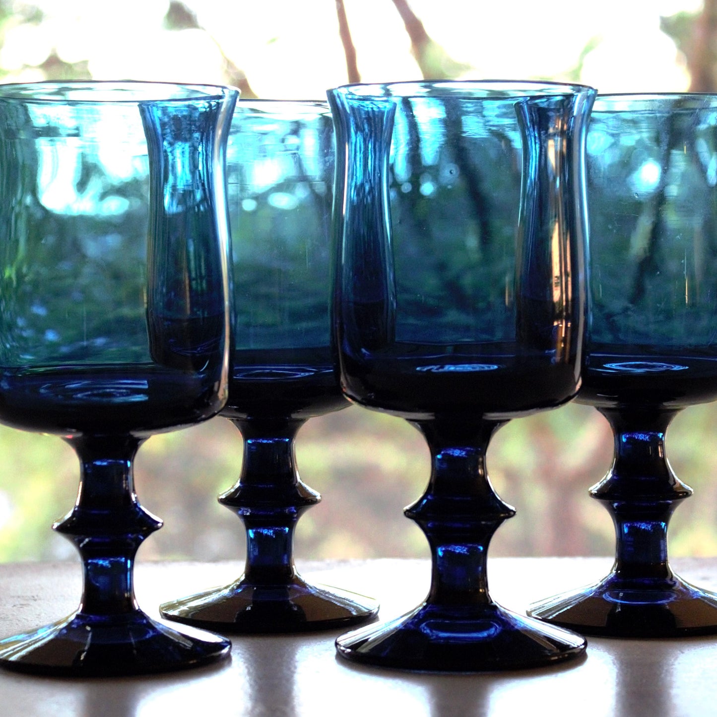 Vintage Teal Blue Wine Glasses: Hand Blown Glassware, Set of 4