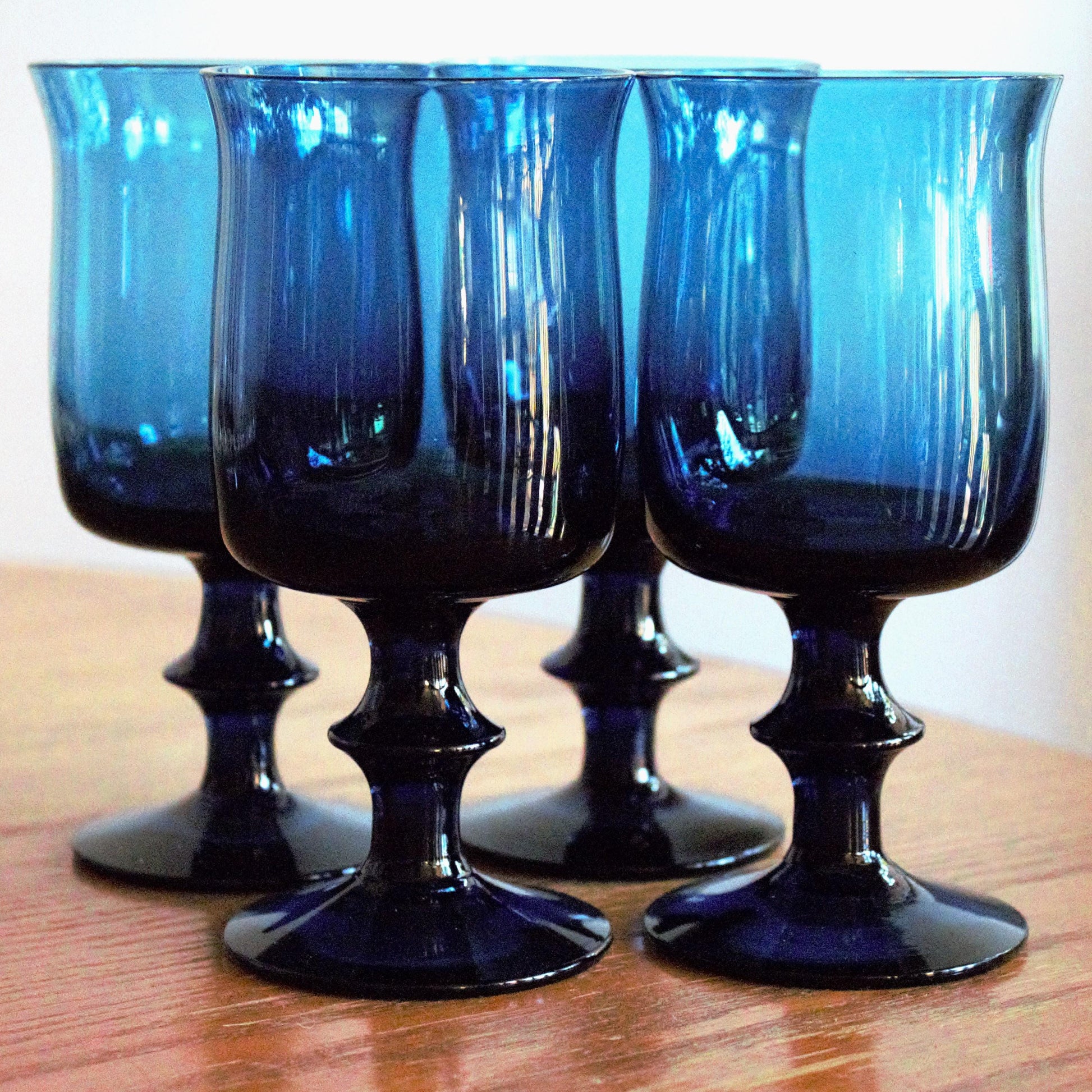 Vintage Teal Blue Wine Glasses: Hand Blown Glassware, Set of 4