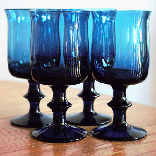 Vintage Teal Blue Wine Glasses: Hand Blown Glassware, Set of 4