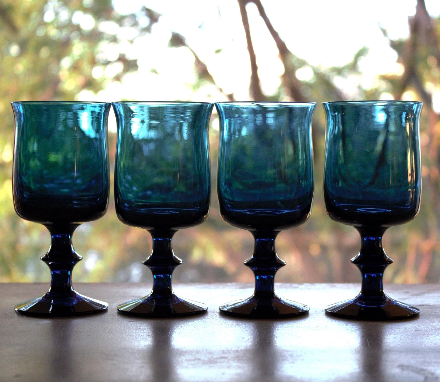 Vintage Teal Blue Wine Glasses: Hand Blown Glassware, Set of 4