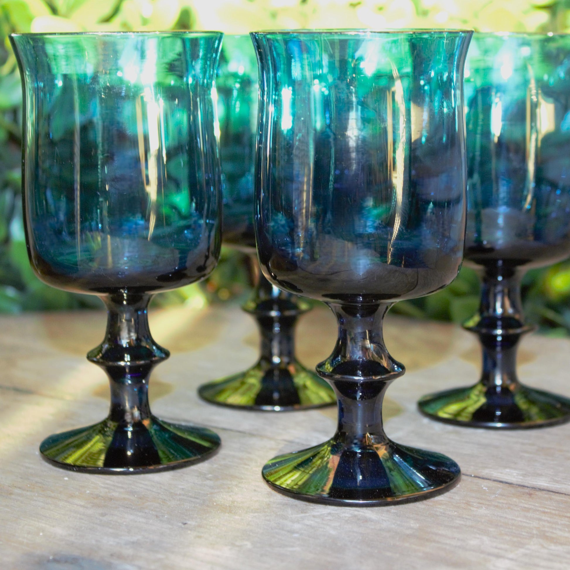 Vintage Teal Blue Wine Glasses: Hand Blown Glassware, Set of 4