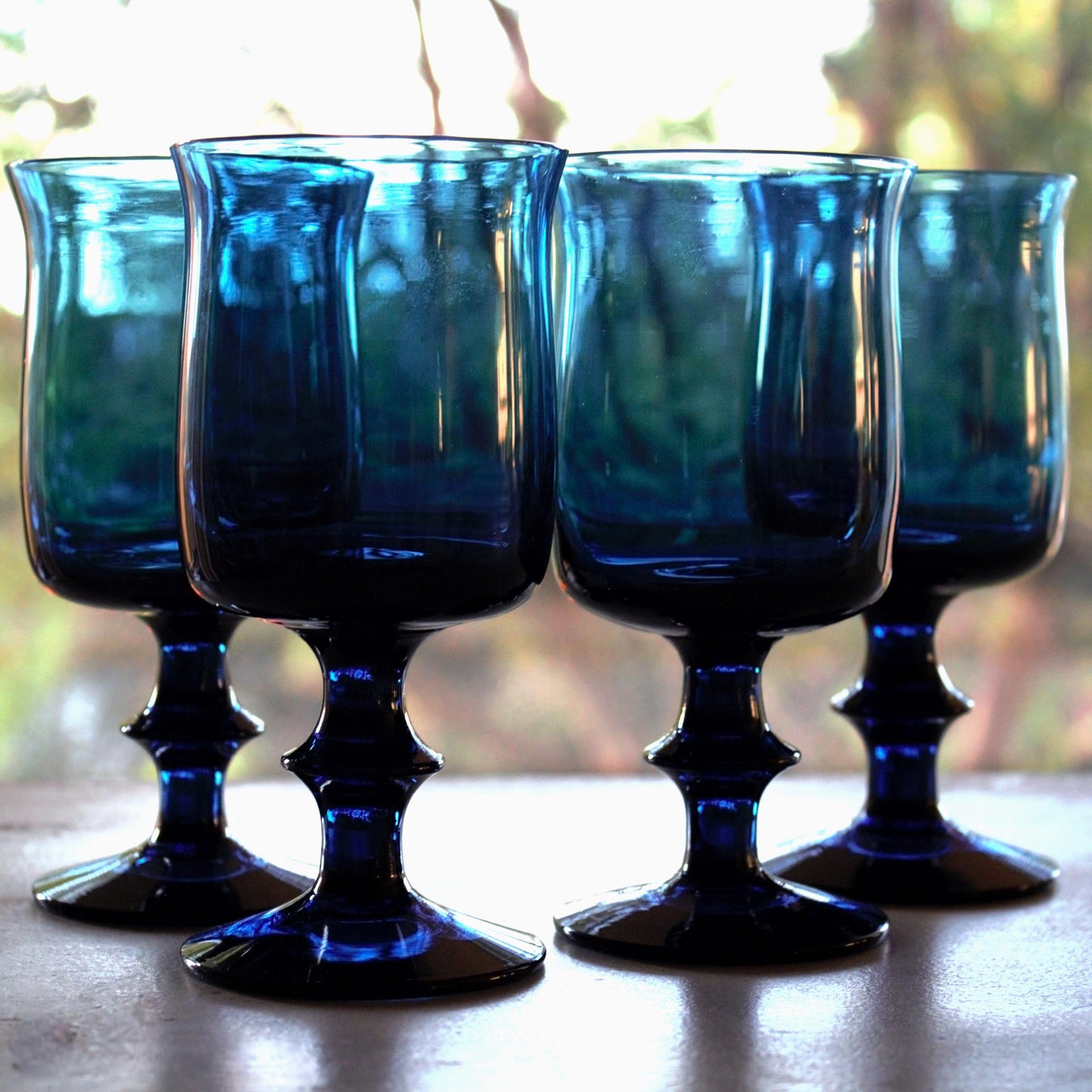 Vintage Teal Blue Wine Glasses: Hand Blown Glassware, Set of 4