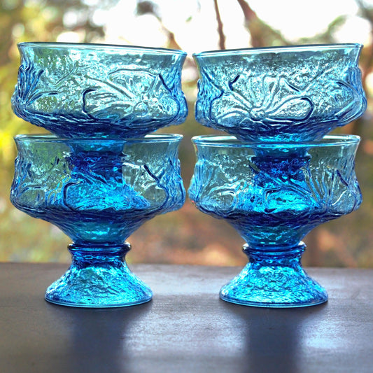 Vintage Peacock Blue Footed Dessert Bowls - Set of 4