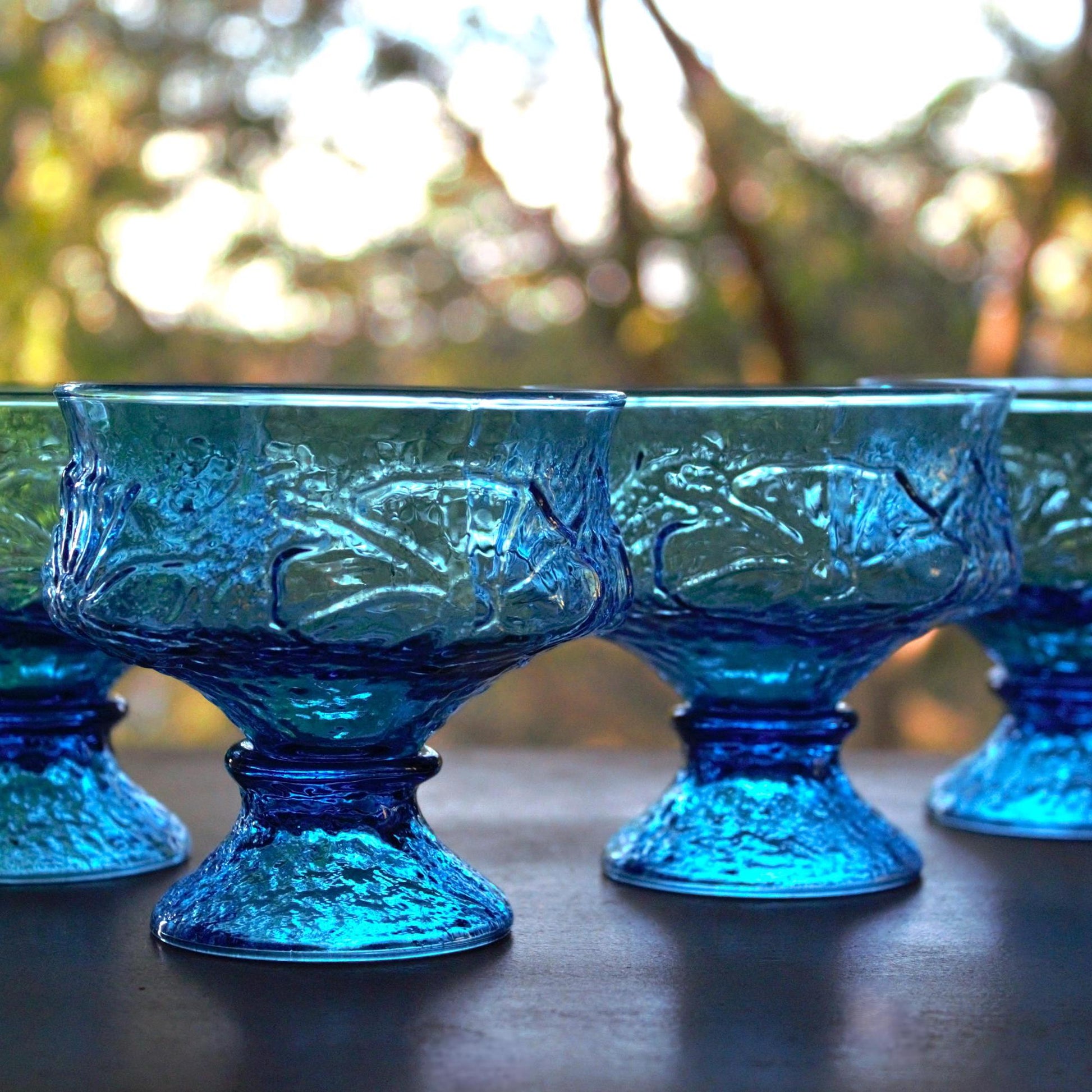 Vintage Peacock Blue Footed Dessert Bowls - Set of 4