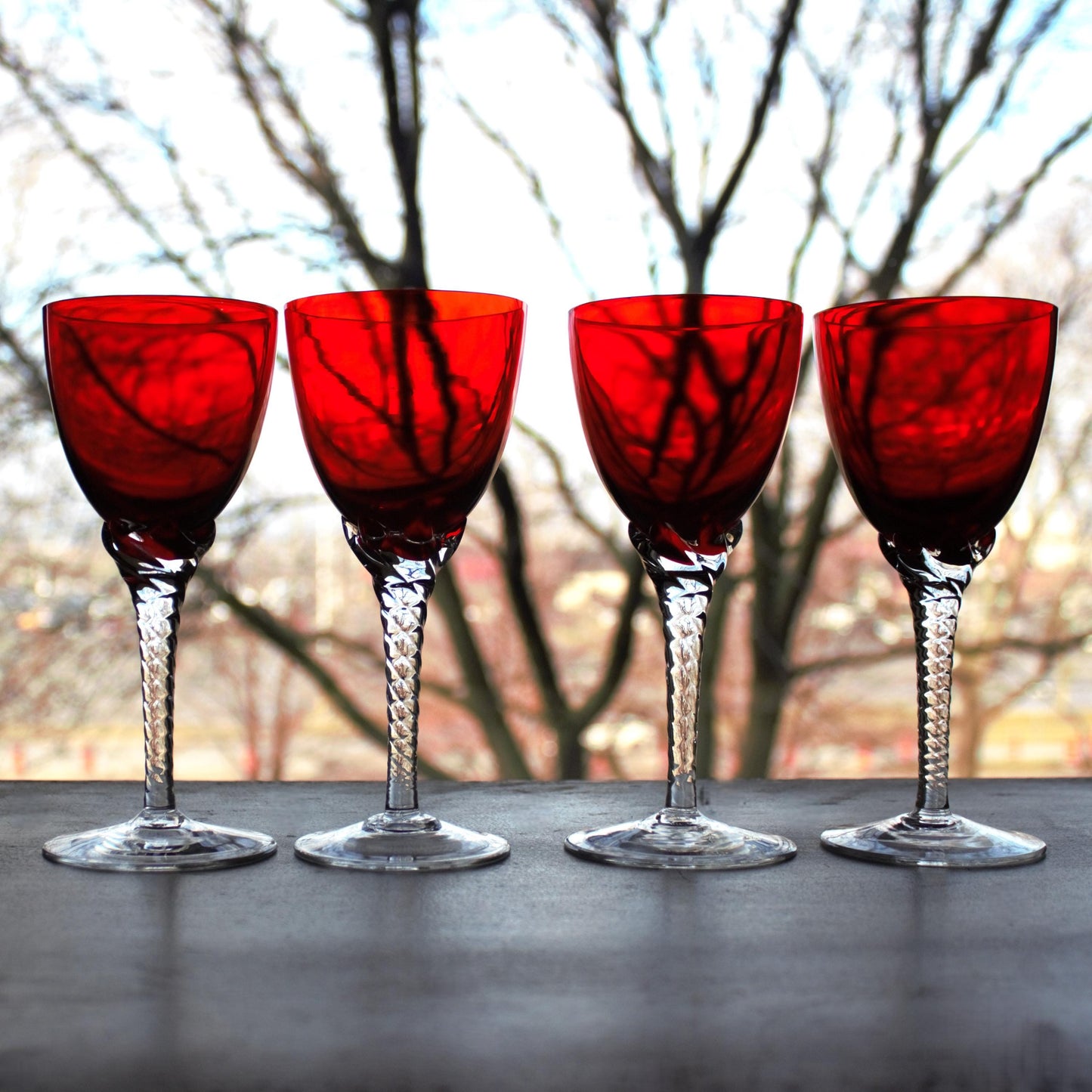 Vintage Murano Red Wine Glasses: Italian Twisted Stem Glassware, Set of 4