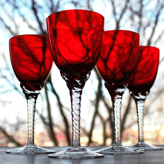 Vintage Murano Red Wine Glasses: Italian Twisted Stem Glassware, Set of 4