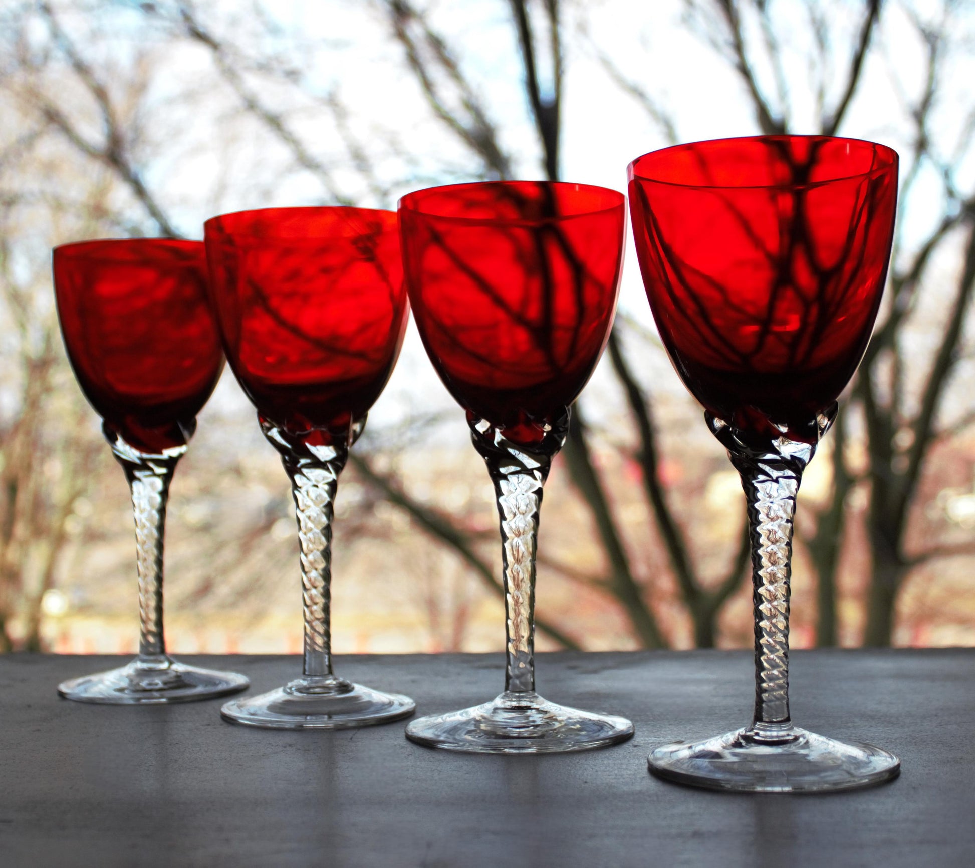 Vintage Murano Red Wine Glasses: Italian Twisted Stem Glassware, Set of 4