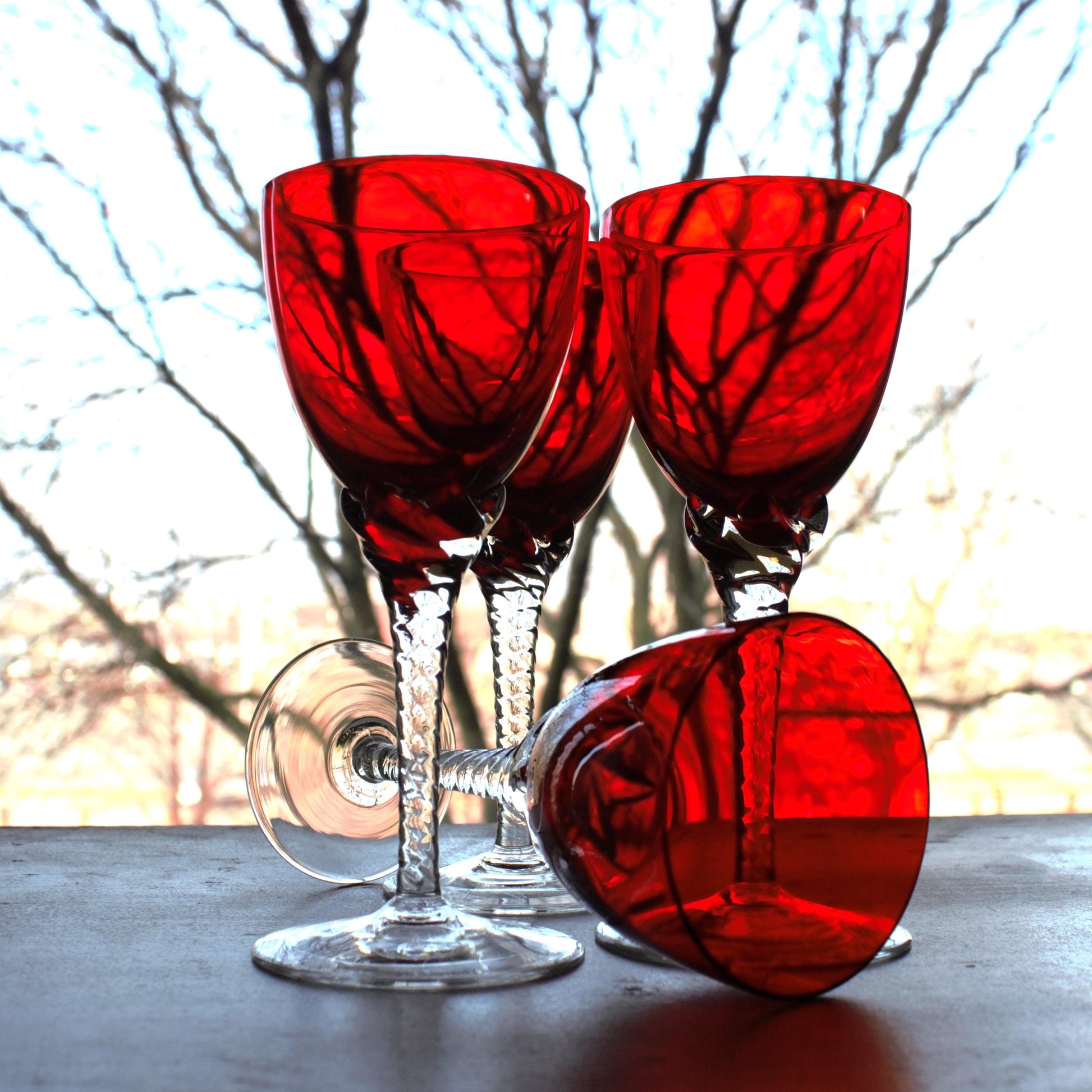 Vintage Murano Red Wine Glasses: Italian Twisted Stem Glassware, Set of 4
