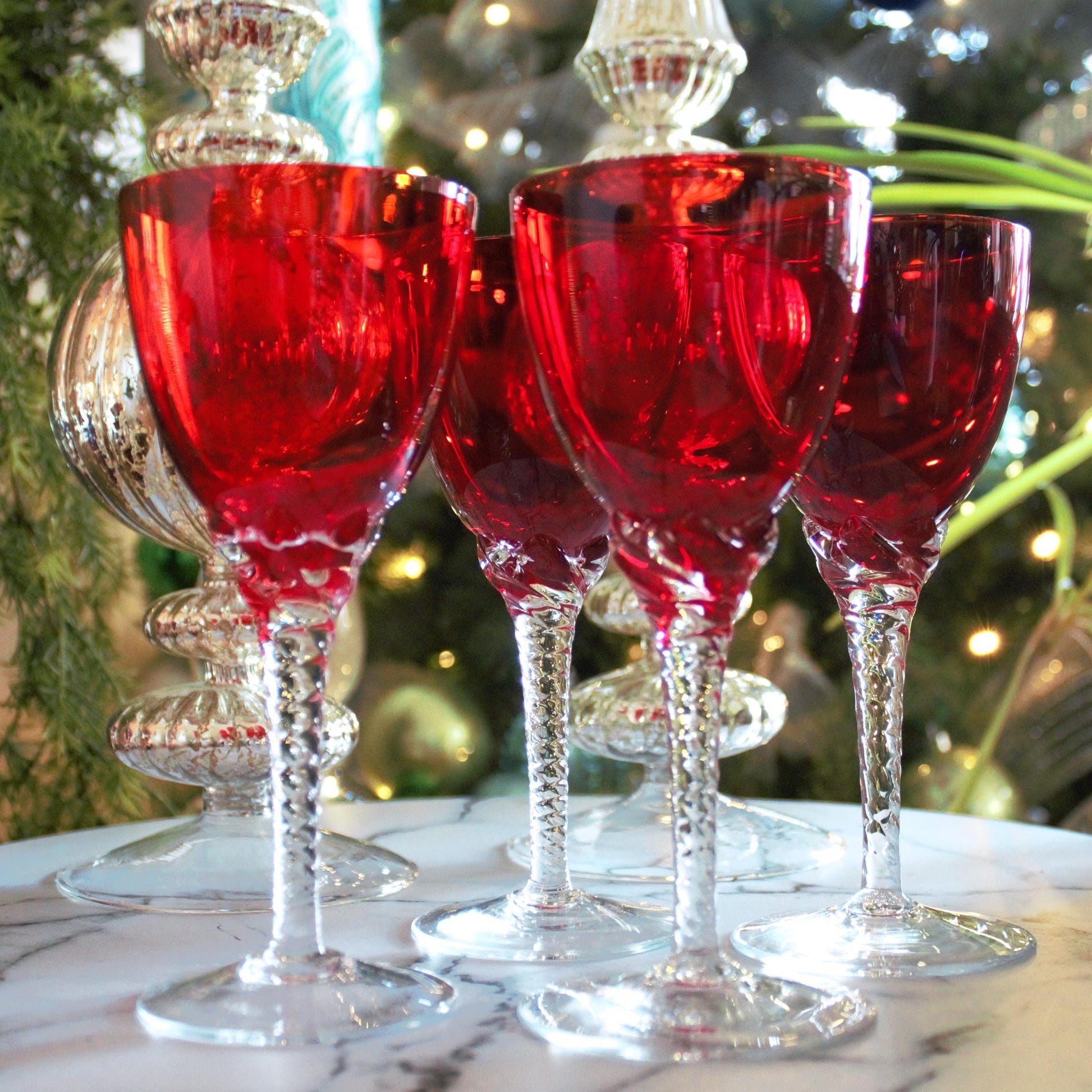 Vintage Murano Red Wine Glasses: Italian Twisted Stem Glassware, Set of 4