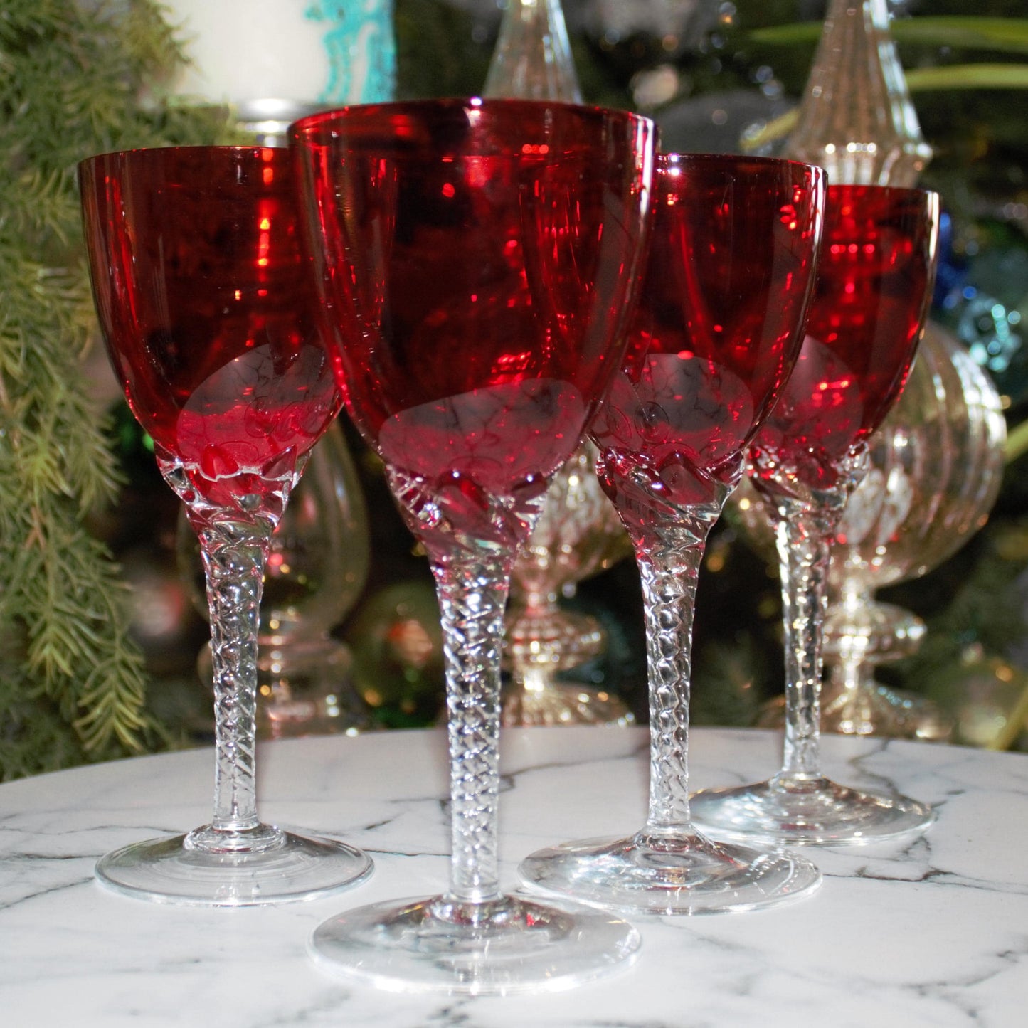 Vintage Murano Red Wine Glasses: Italian Twisted Stem Glassware, Set of 4