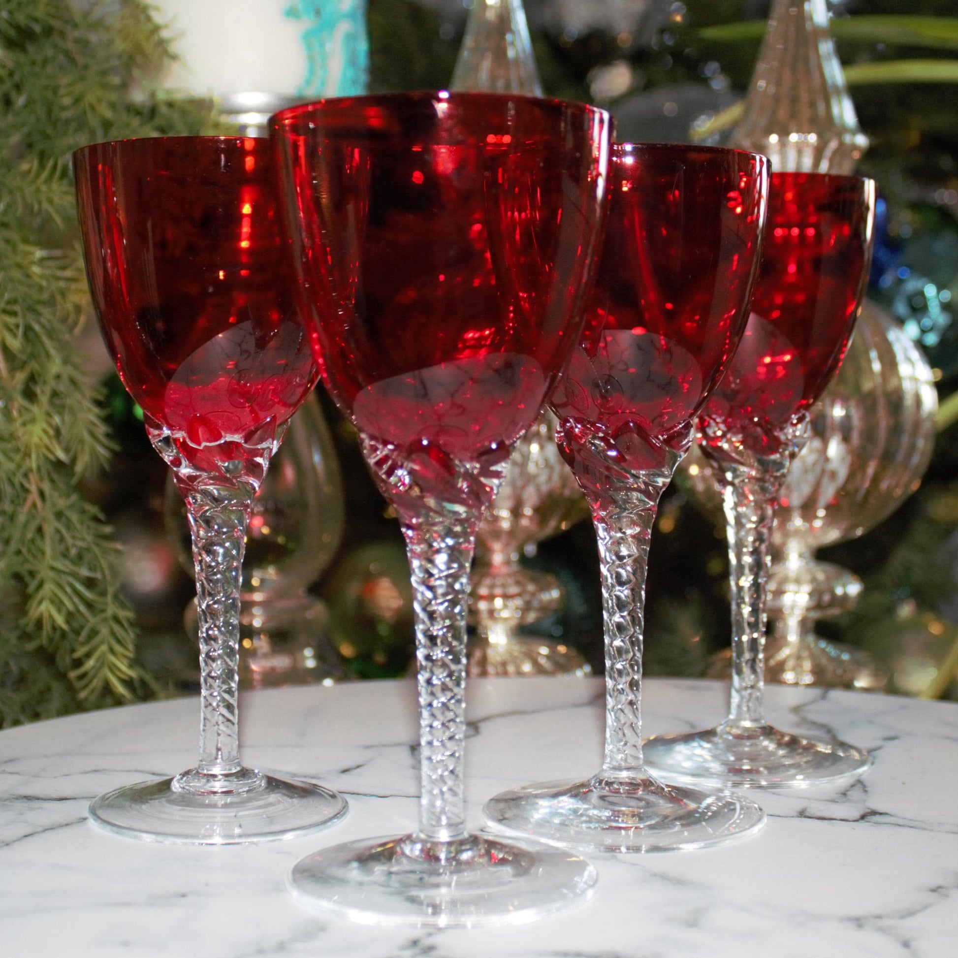 Vintage Murano Red Wine Glasses: Italian Twisted Stem Glassware, Set of 4