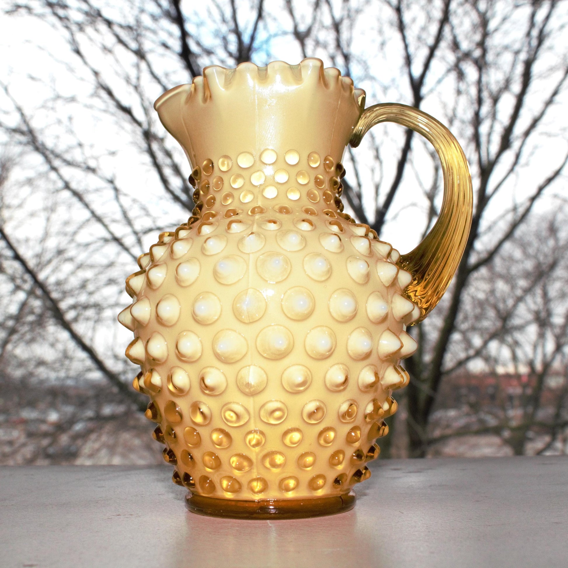 Vintage Fenton Amber Hobnail Glass Pitcher: Crimped Edge Art Glass