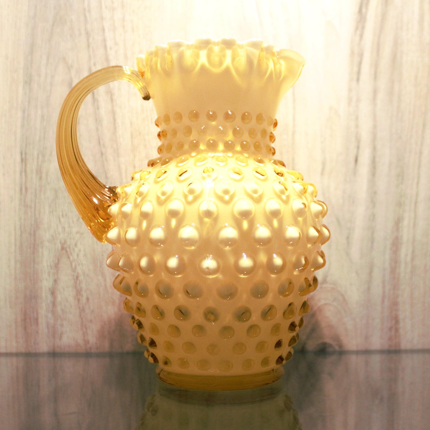 Vintage Fenton Amber Hobnail Glass Pitcher: Crimped Edge Art Glass