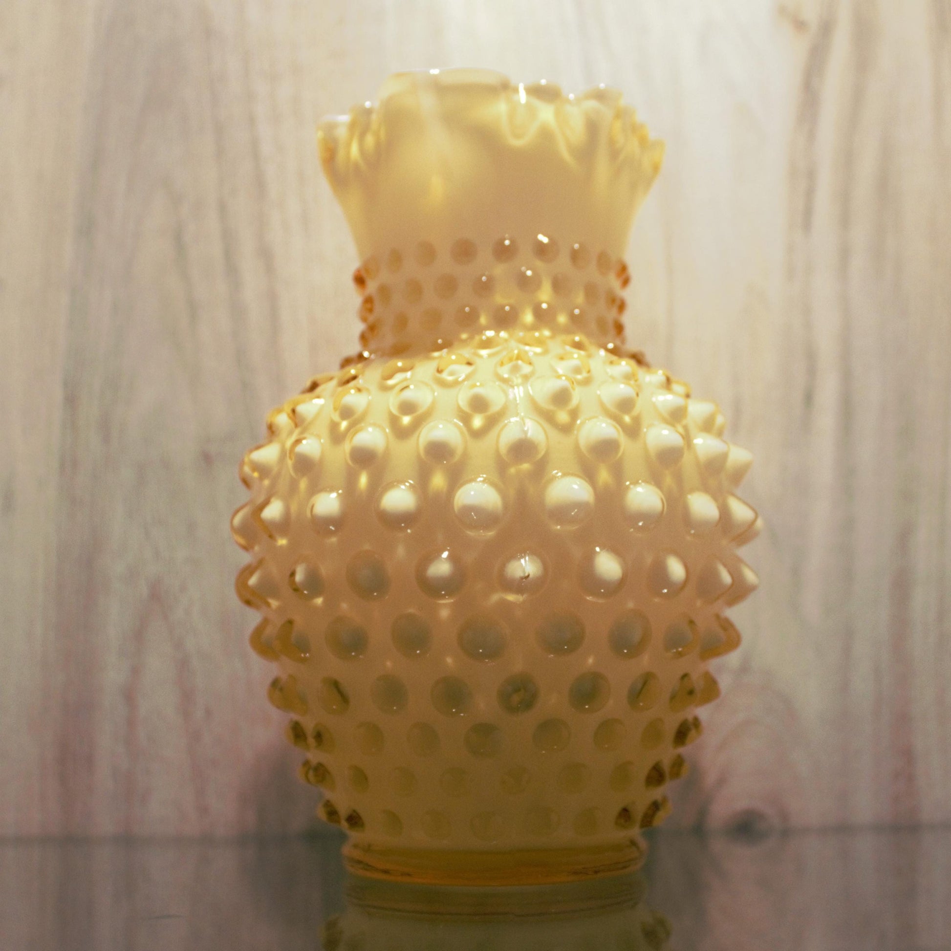 Vintage Fenton Amber Hobnail Glass Pitcher: Crimped Edge Art Glass