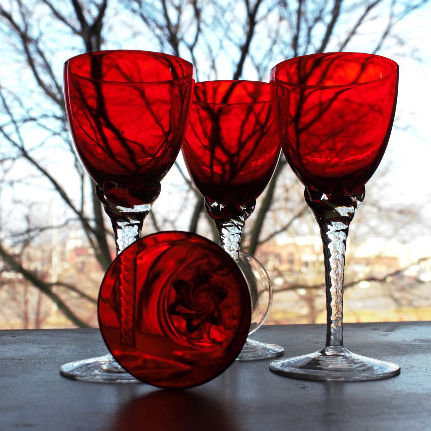 Vintage Murano Red Wine Glasses: Italian Twisted Stem Glassware, Set of 4