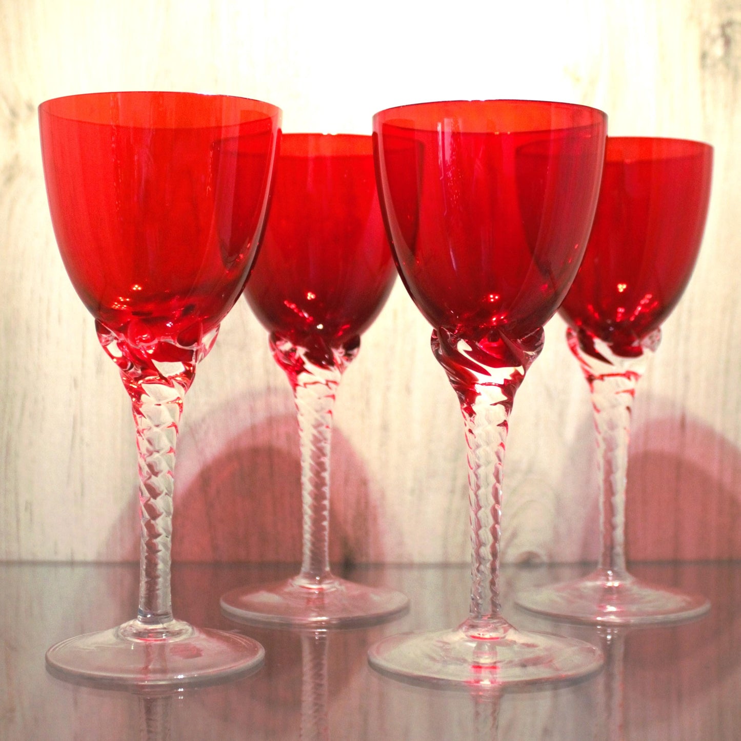 Vintage Murano Red Wine Glasses: Italian Twisted Stem Glassware, Set of 4