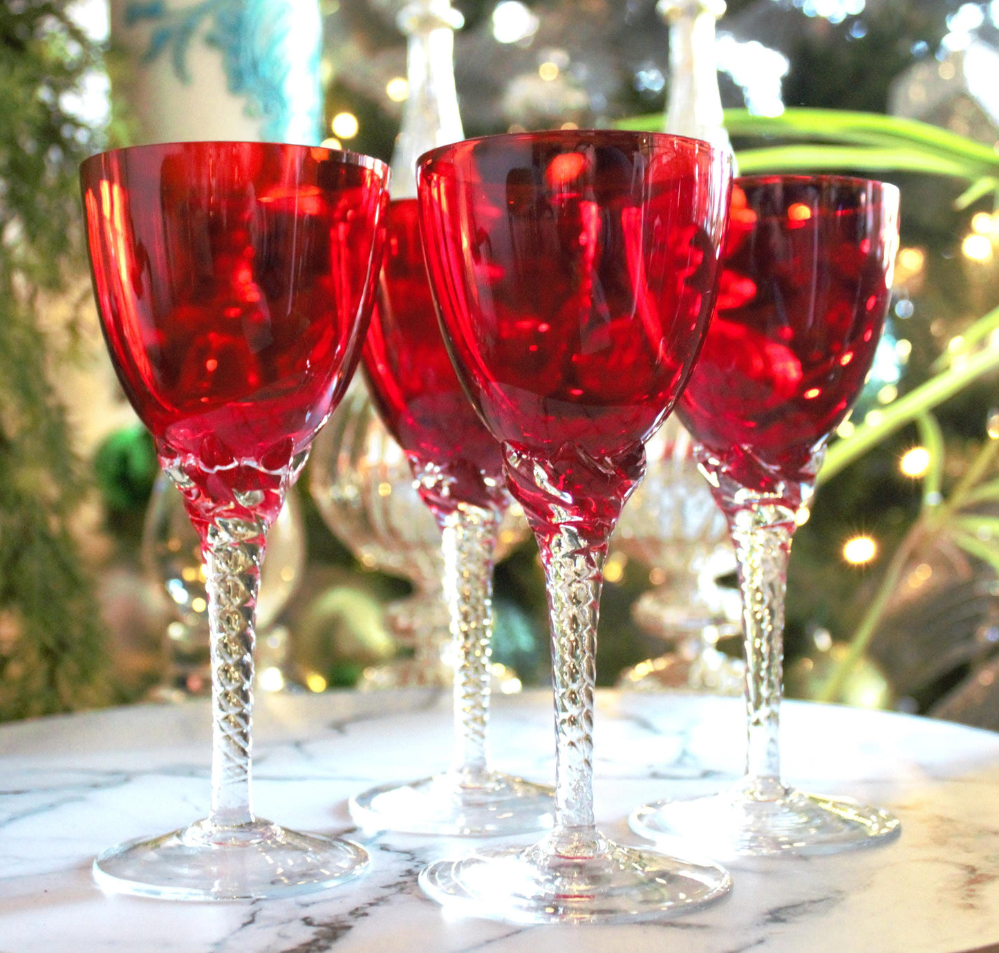 Vintage Murano Red Wine Glasses: Italian Twisted Stem Glassware, Set of 4
