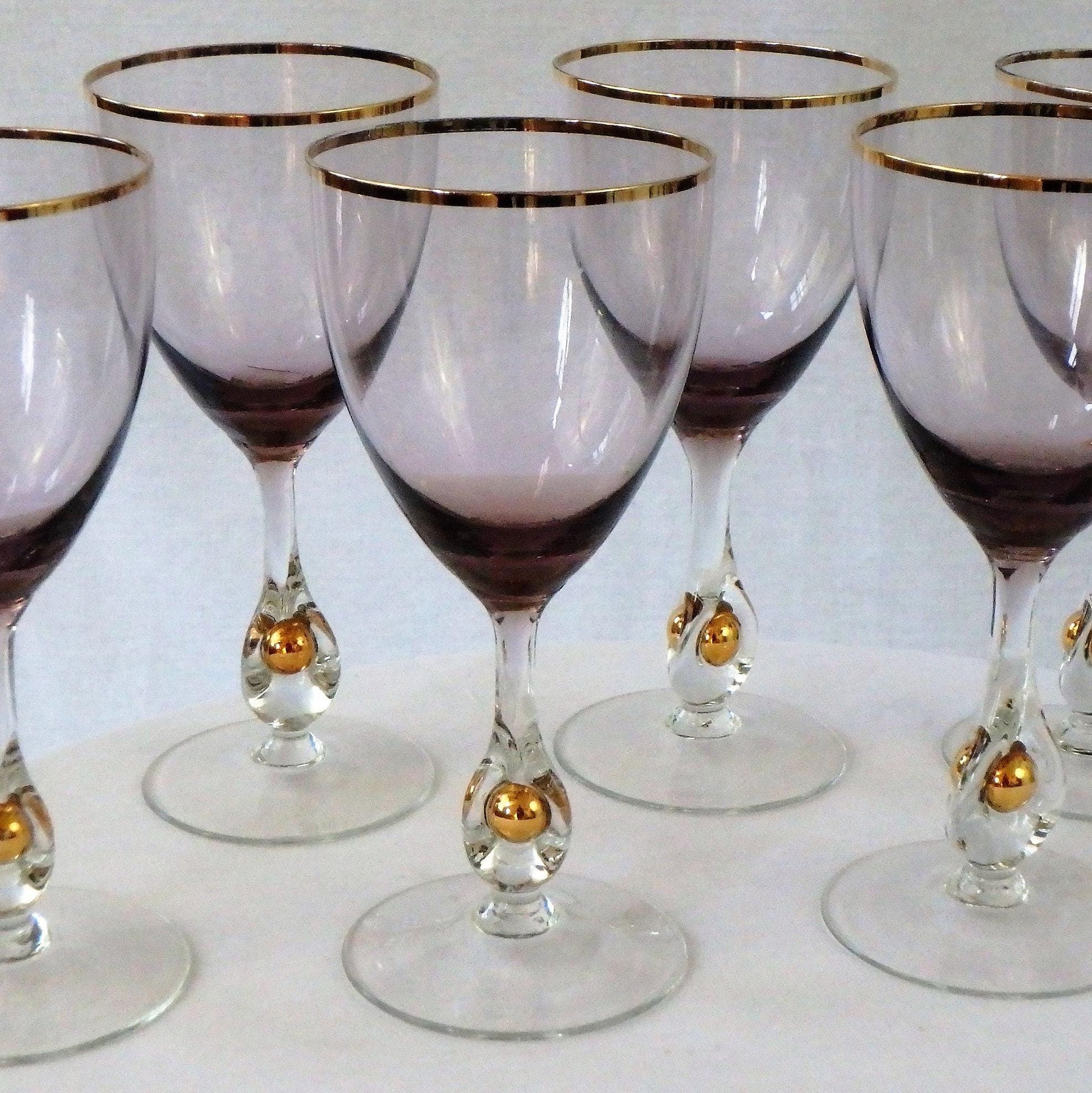 Vintage Jozef Stanik Smokey Black and gold Cocktail Glasses, Gold Ball Stem, Art Deco Barware Set of 4, MCM stemware