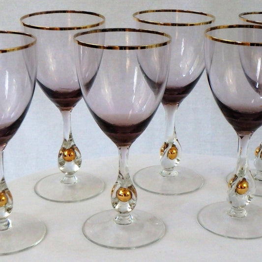 Vintage Jozef Stanik Amethyst Glasses, Gold Ball Stem, Art Deco Barware Set of 2