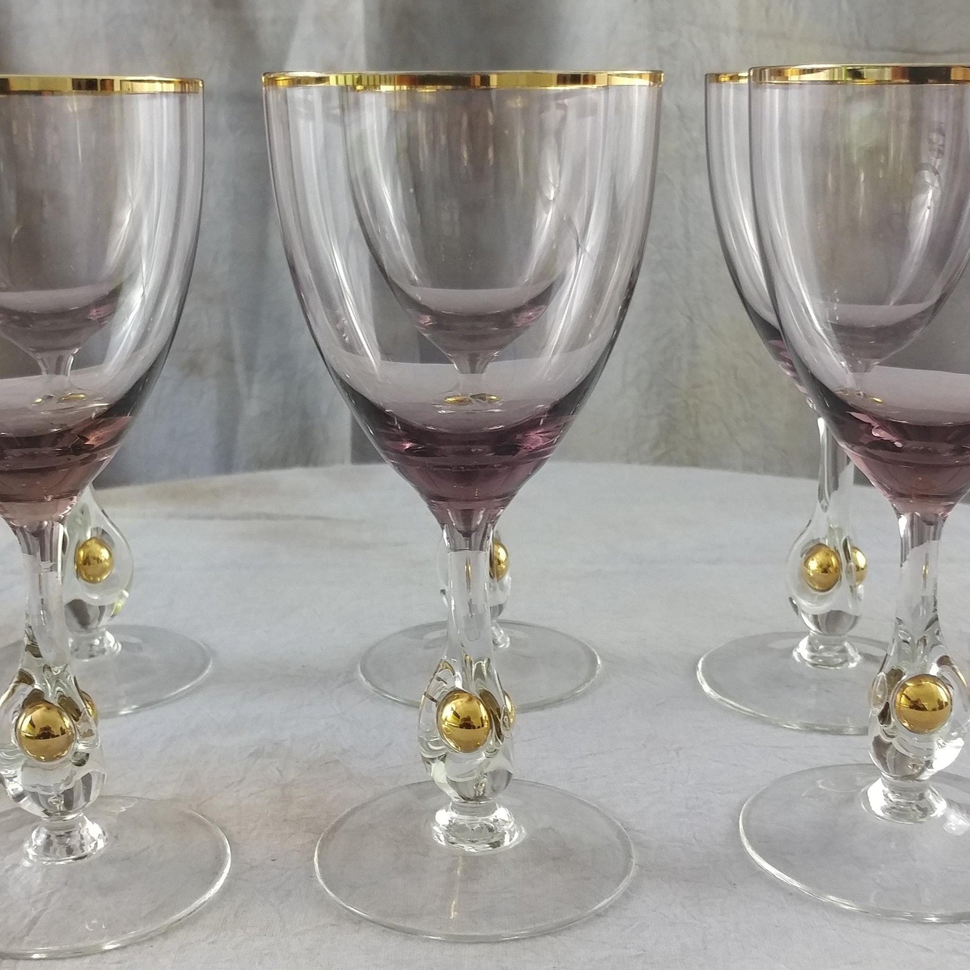 Vintage Jozef Stanik Amethyst Glasses, Gold Ball Stem, Art Deco Barware Set of 2