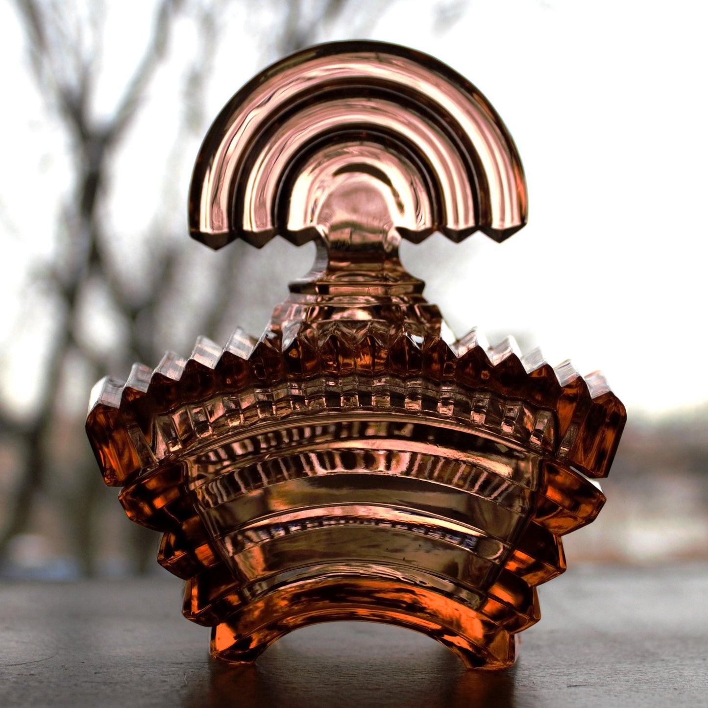 Art Deco Glass Powder Bowl: Light Amber Vanity Piece