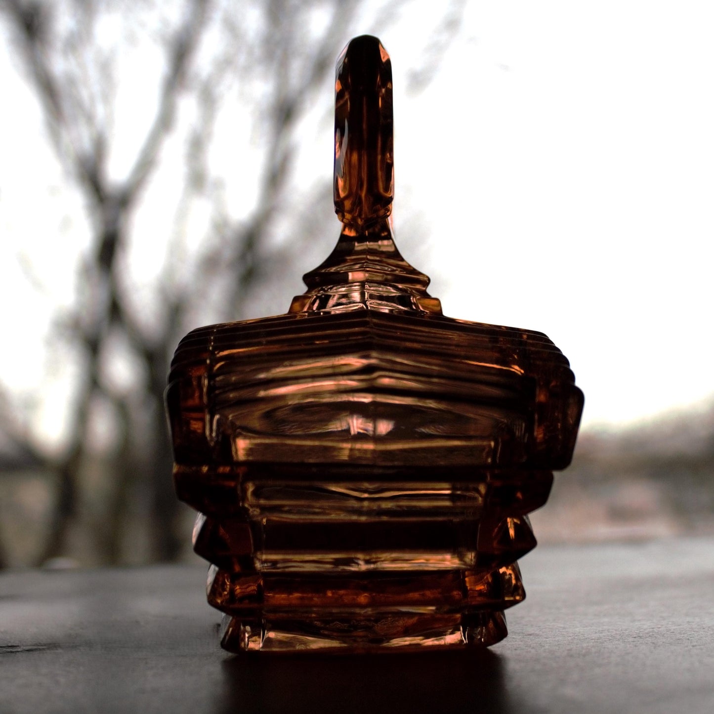 Art Deco Glass Powder Bowl: Light Amber Vanity Piece