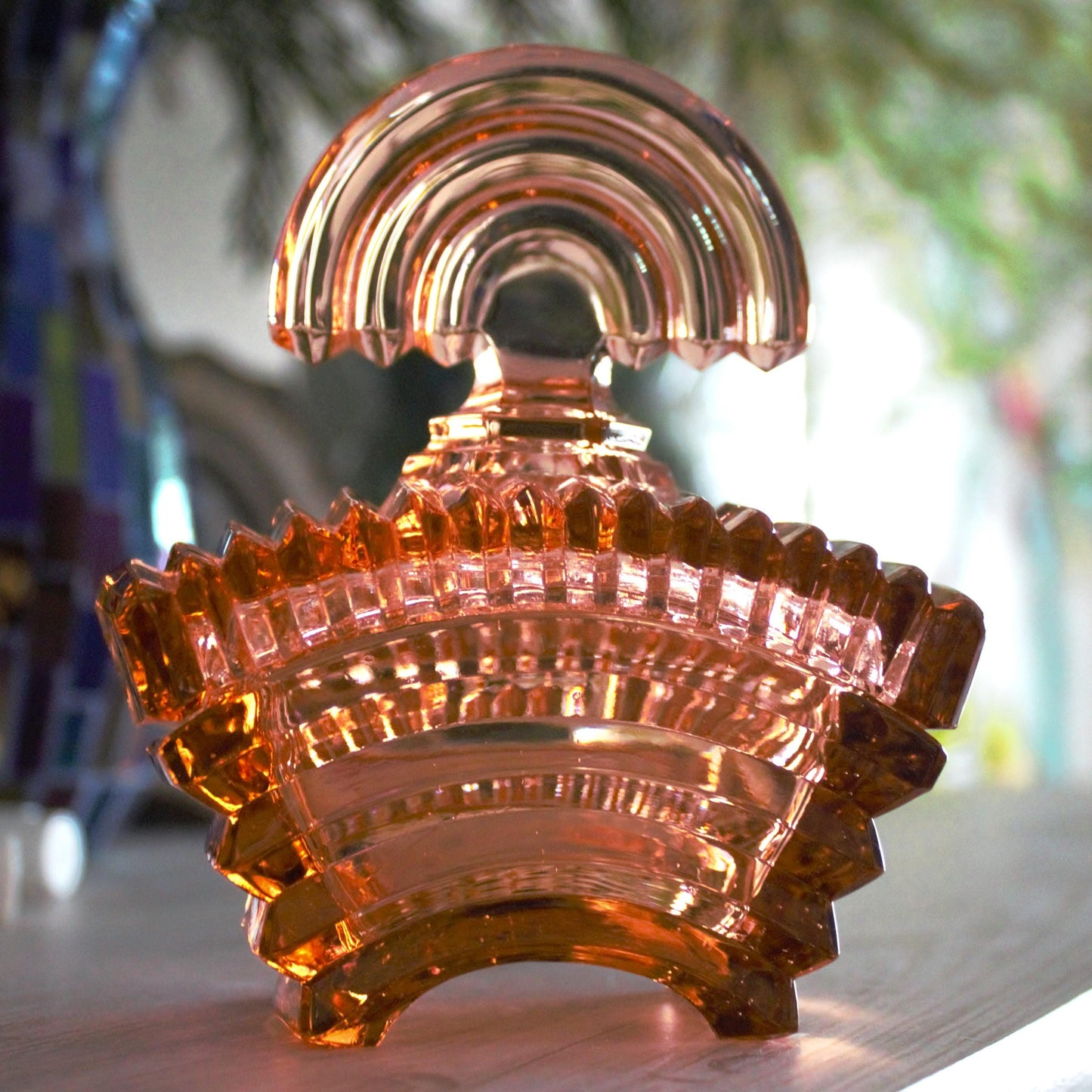 Art Deco Glass Powder Bowl: Light Amber Vanity Piece