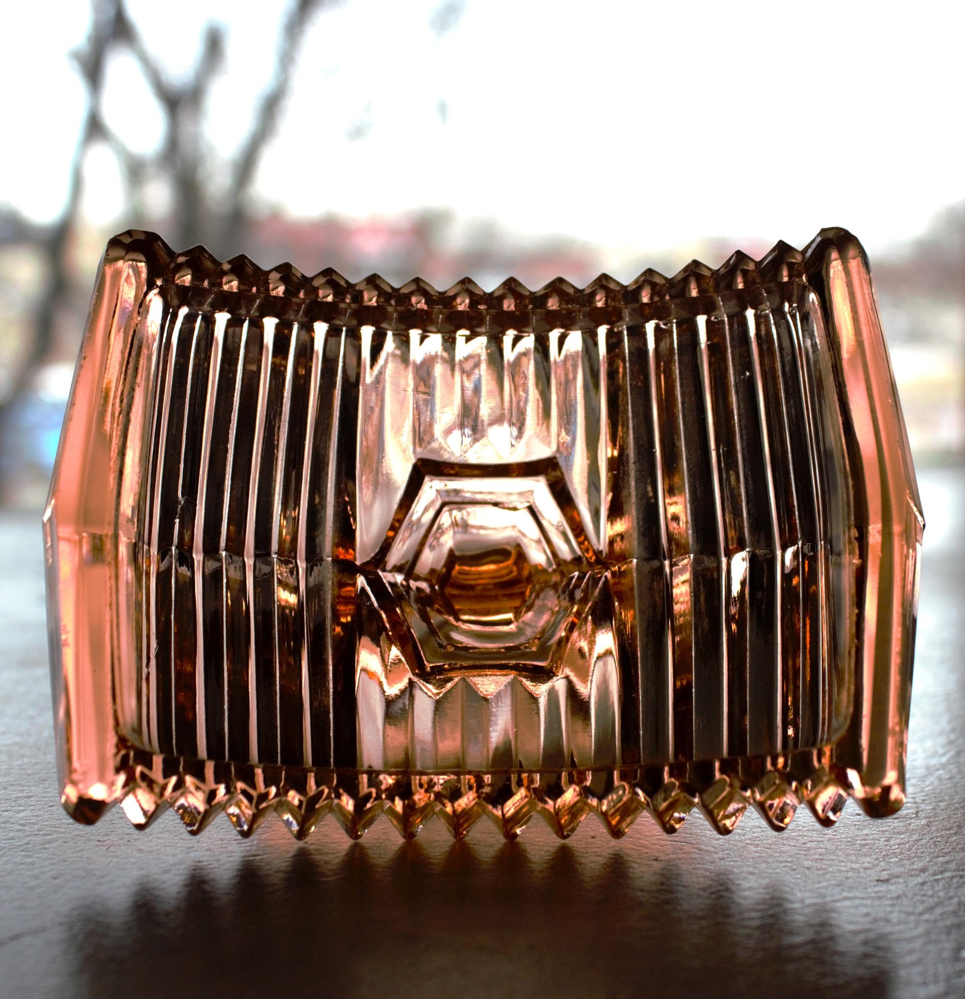 Art Deco Glass Powder Bowl: Light Amber Vanity Piece