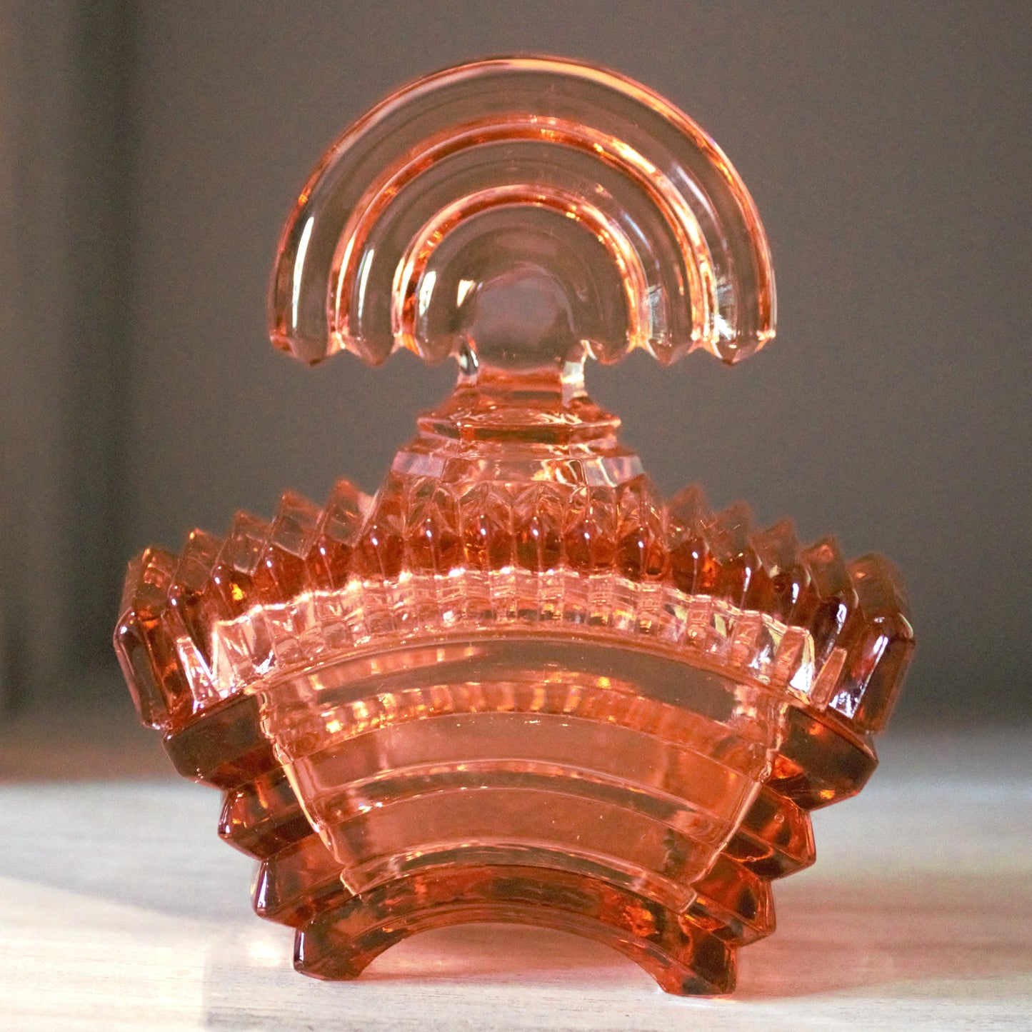 Art Deco Glass Powder Bowl: Light Amber Vanity Piece